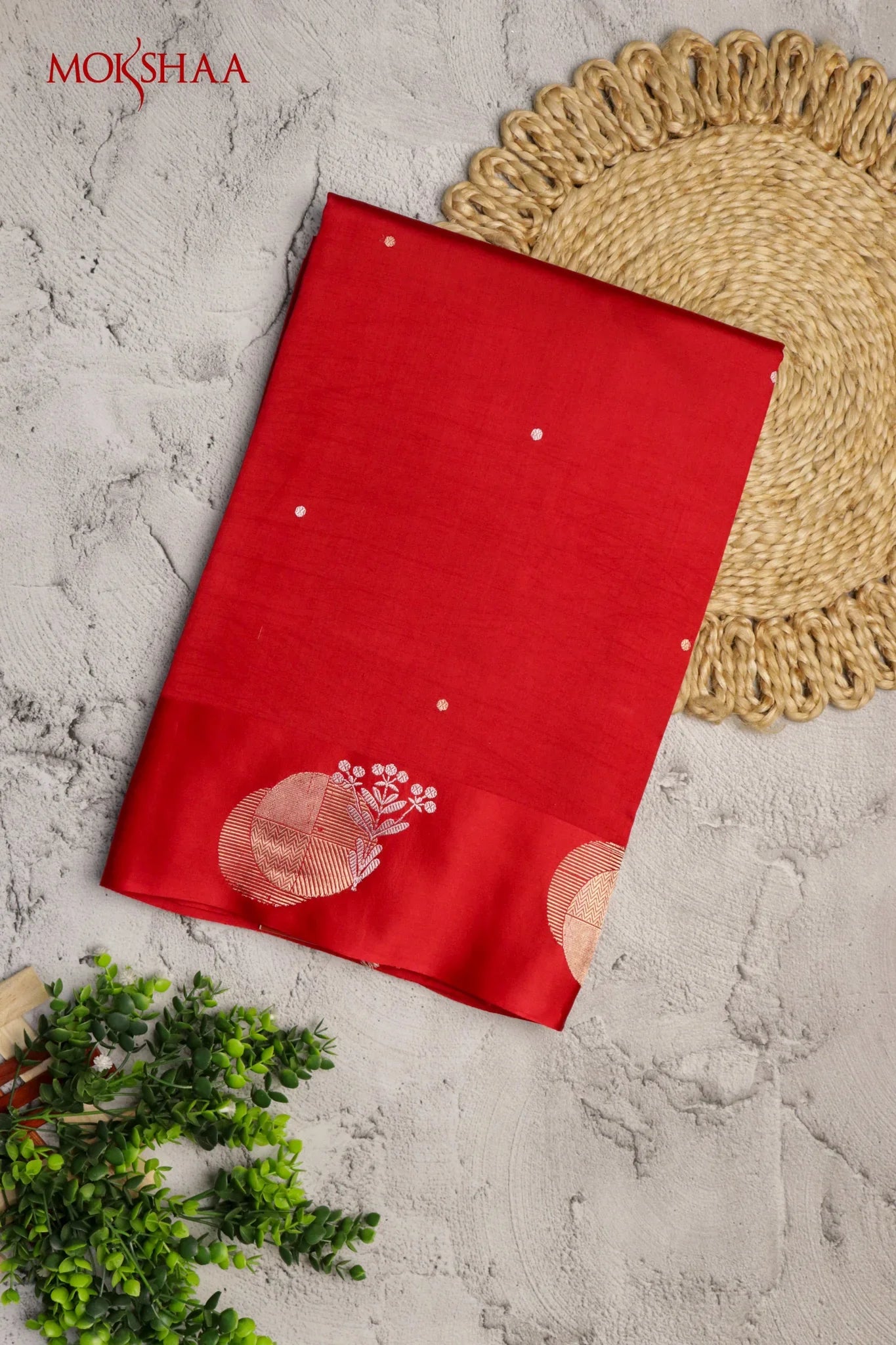 Maroonish red Banarasi Chanderi Silk Saree with Satin Border and Butta Weavin | Mokshaa