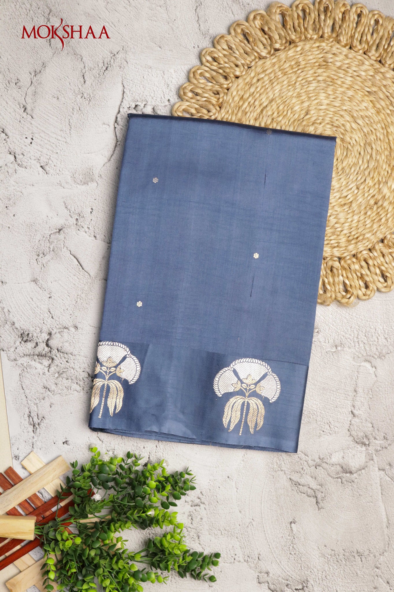 Midnight Blue Banarasi Chanderi Silk Saree with Floral Buttas & Satin Border