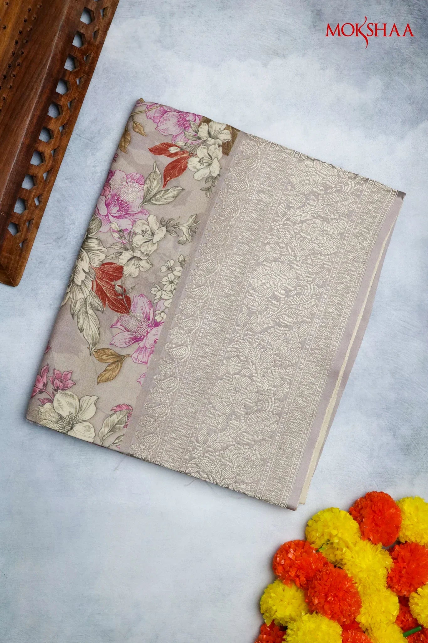 Light Lavender Tussar Silk Saree with Floral Print & Zari Border | Mokshaa