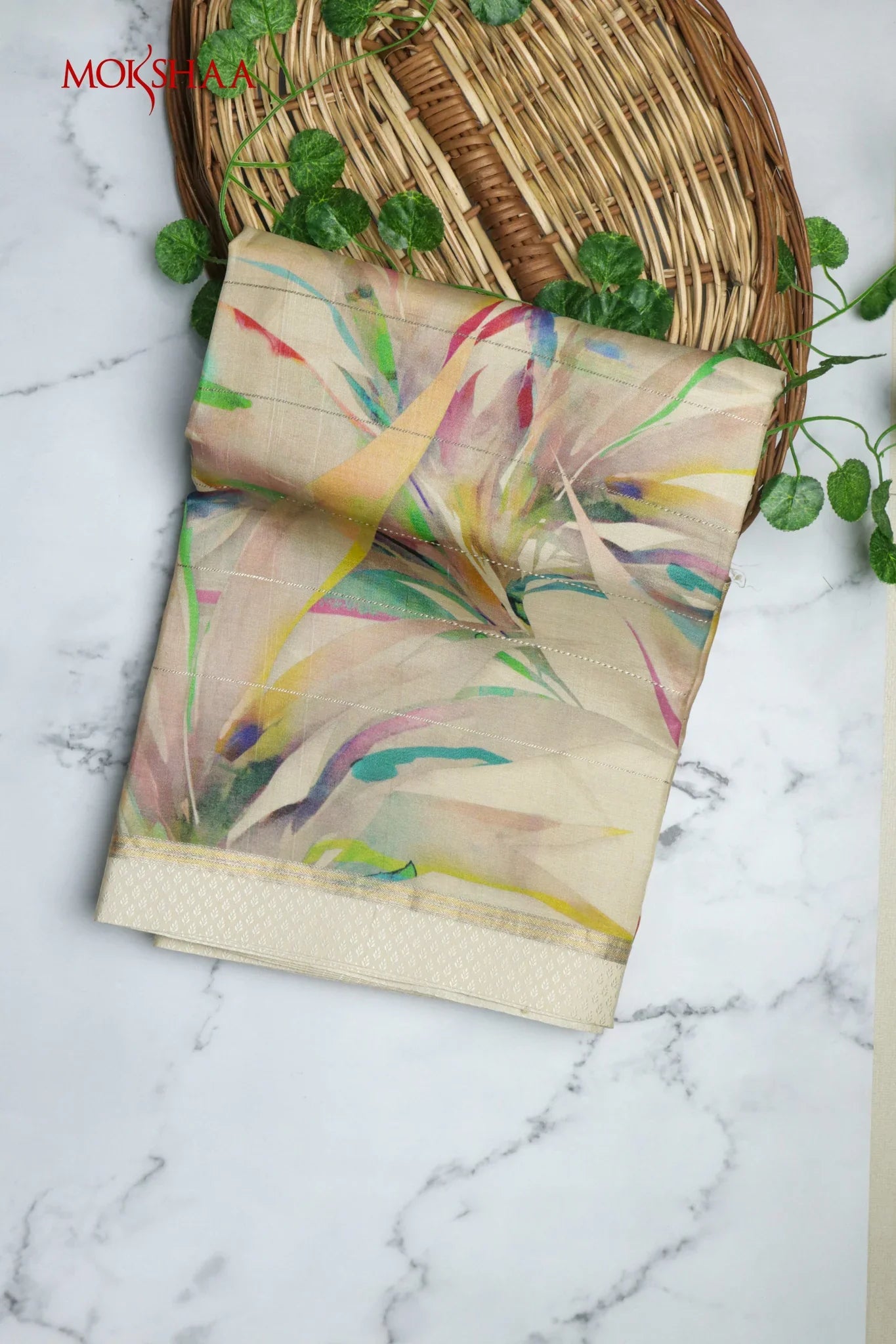 Cream Tussar Silk Saree with Multicolor Artistic Print | Mokshaa