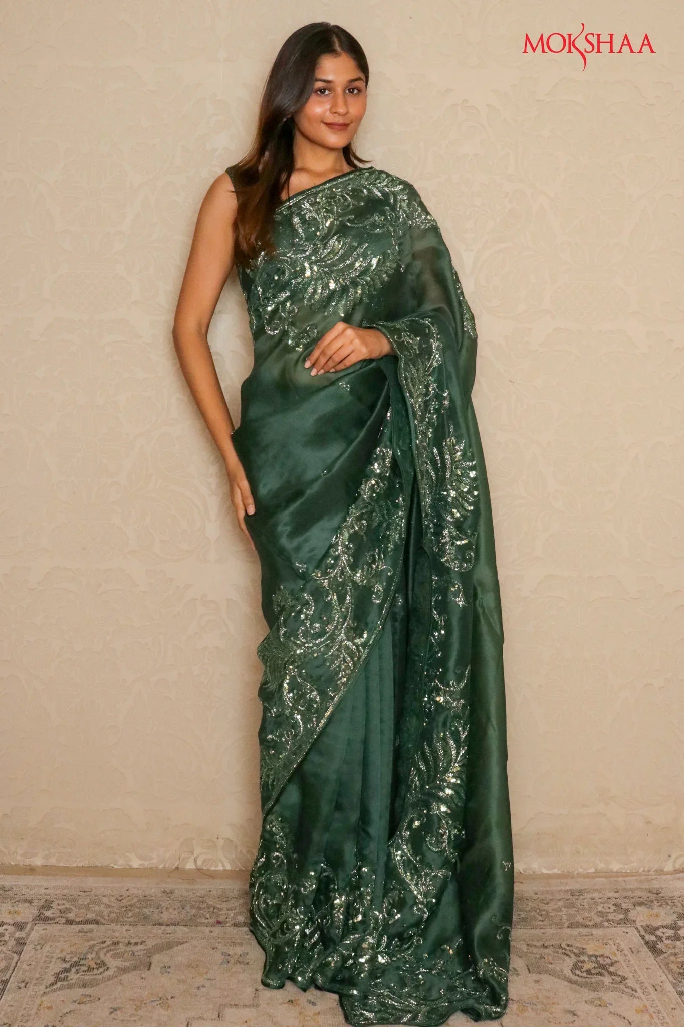 Emerald Green Organza Saree with Sequin & Bead Embroidery | Mokshaa