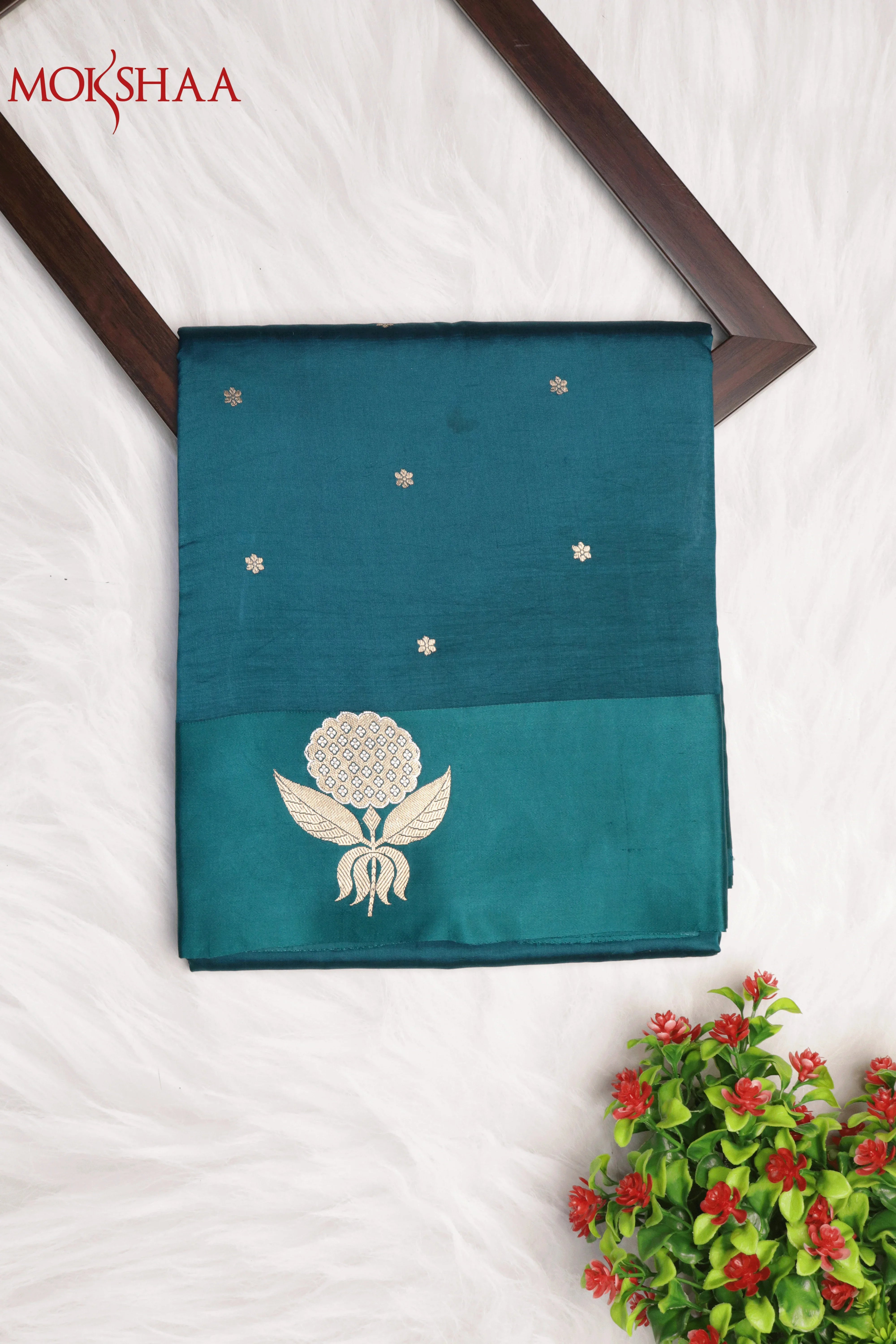 Peacock Green Banarasi Chanderi Silk Saree with Gold & Silver Satin Border | Mokshaa