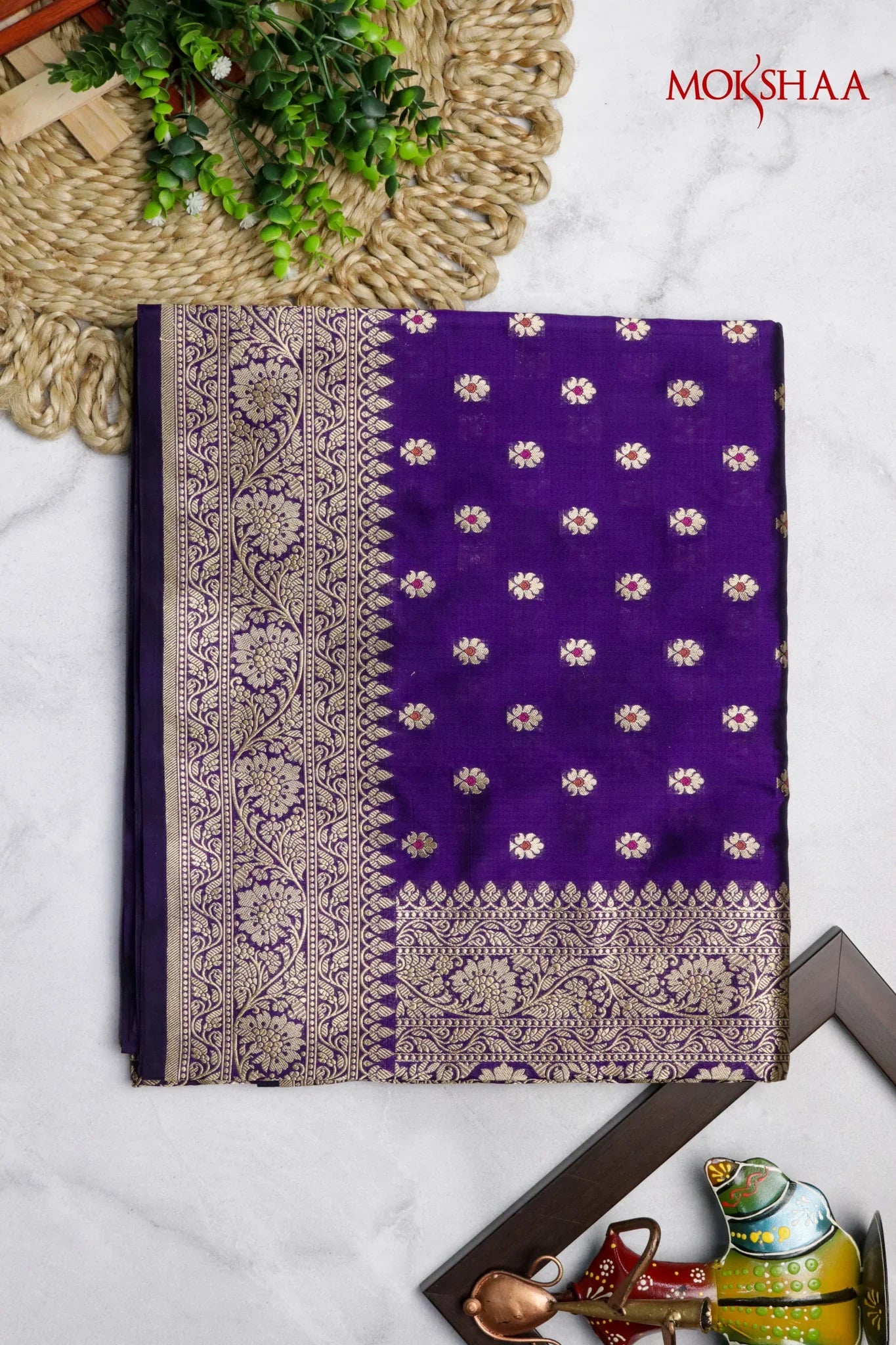 Purple Banarasi Silk Saree with Butti & Zari Border | Mokshaa