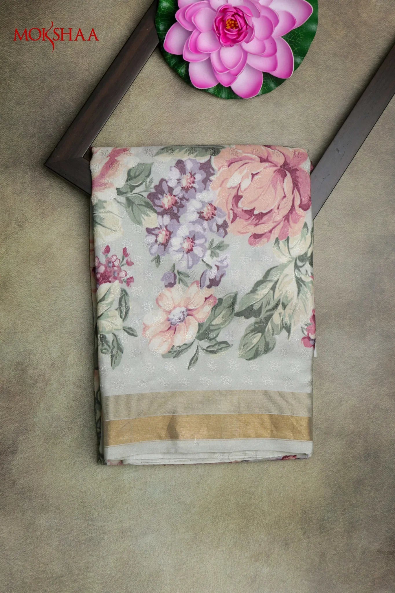 Light Grey Silk Saree with Multi-Color Floral Print | Mokshaa