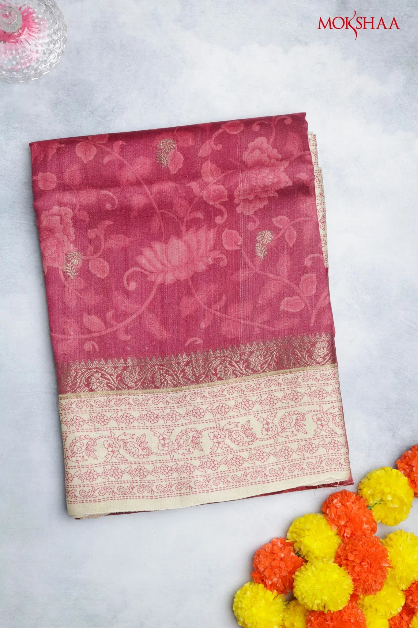 Reddish Pink Banaras Tussar Silk Saree with Zari Motifs & Satin Border | Mokshaa