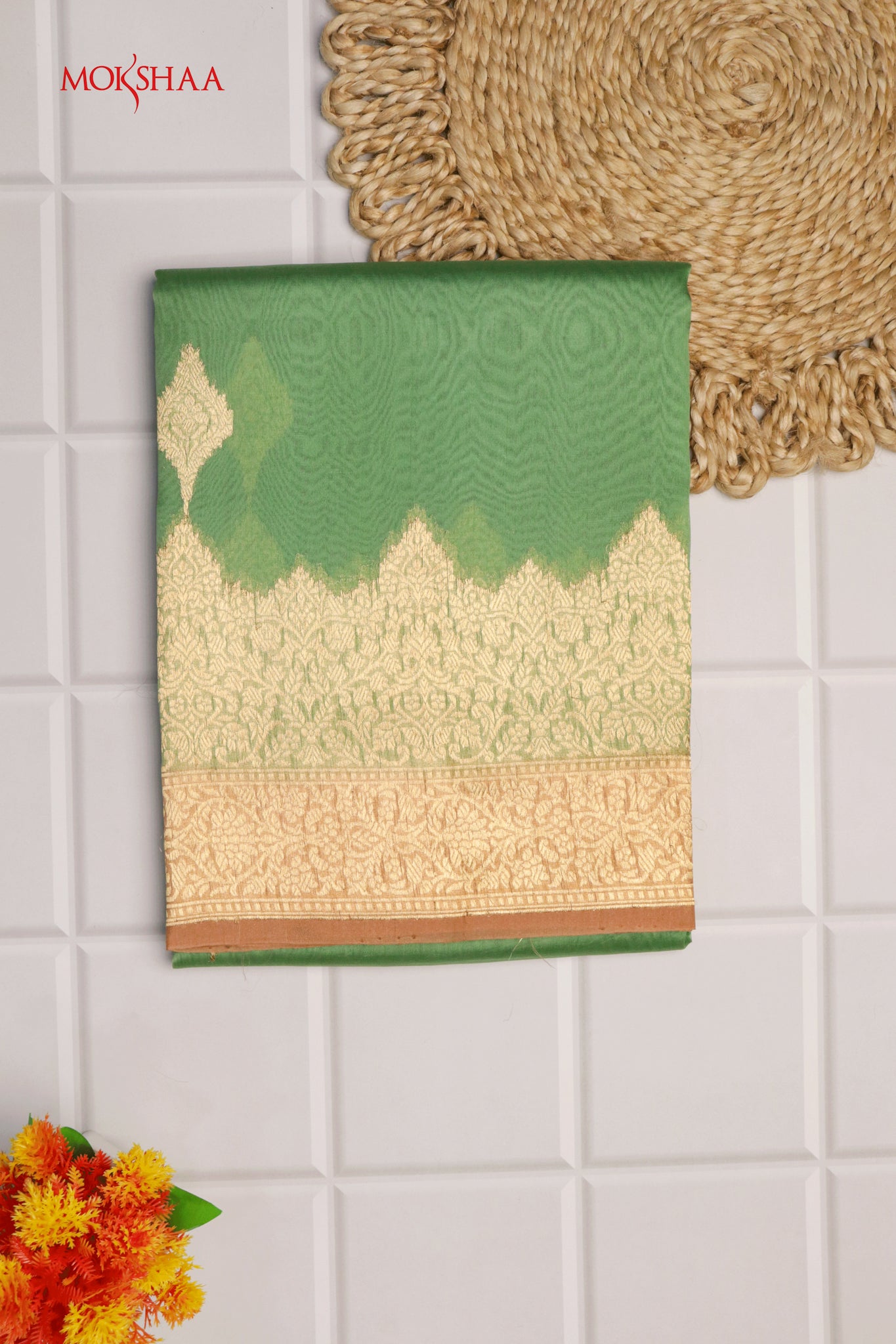 Green Banarasi Kora Saree with Gold Motifs & Contrast Pallu