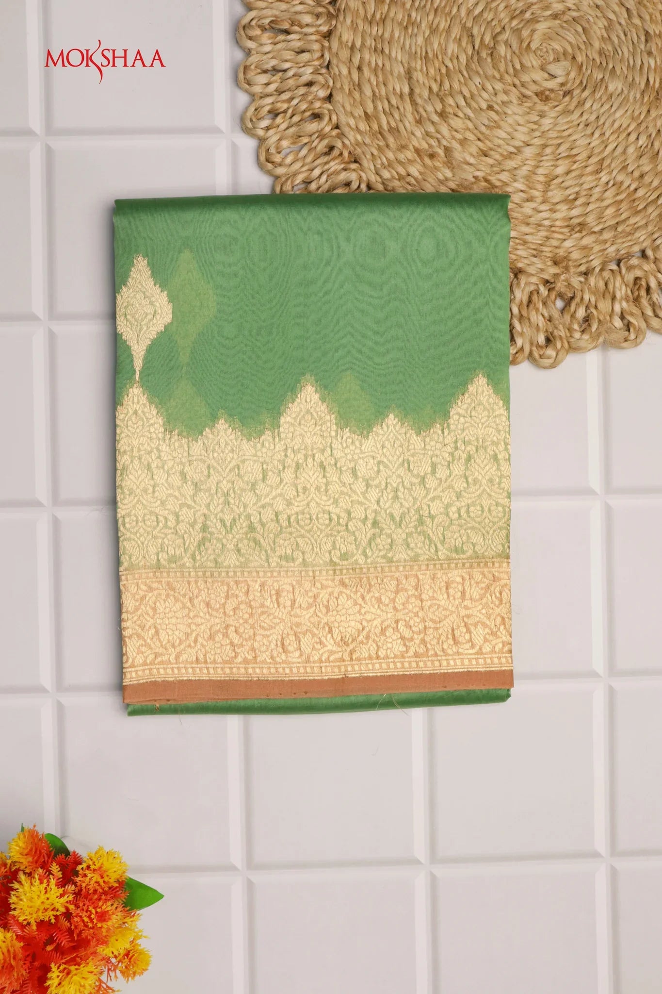 Green Banarasi Kora Saree with Gold Motifs & Contrast Pallu | Mokshaa