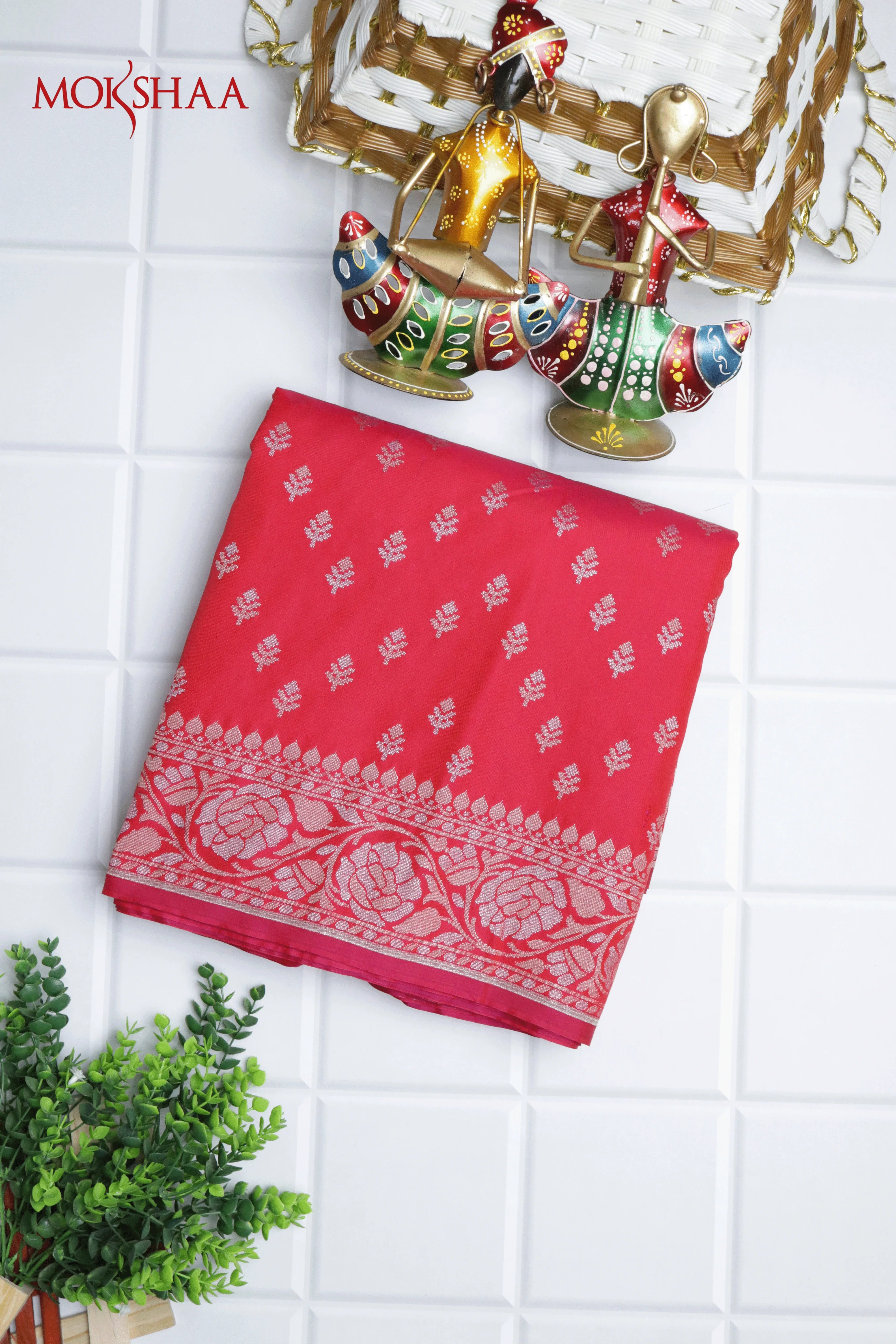 Red Semi Silk Saree with Gold-Silver Buttis & Floral Zari Border | Mokshaa