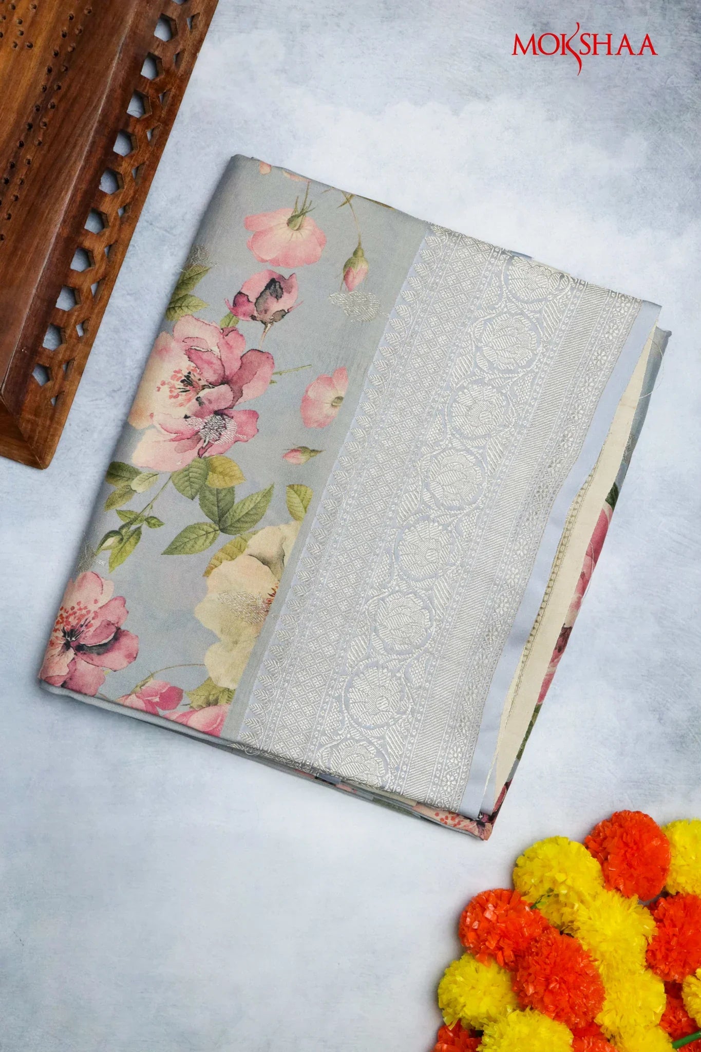 Powder Blue Tussar Silk Saree with Floral Print & Zari Border | Mokshaa