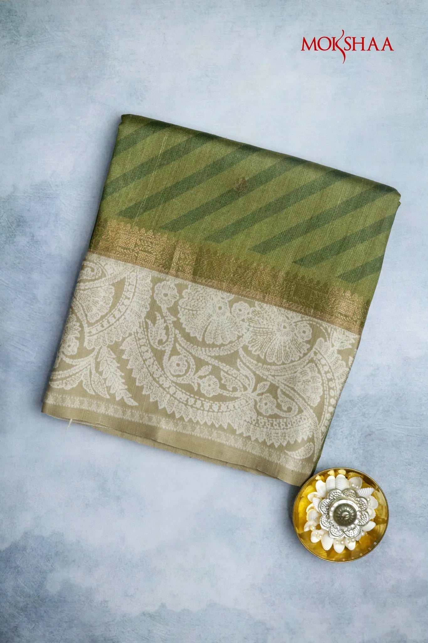 Green Tussar Silk Saree with Zari Buttas & Printed Border | Mokshaa