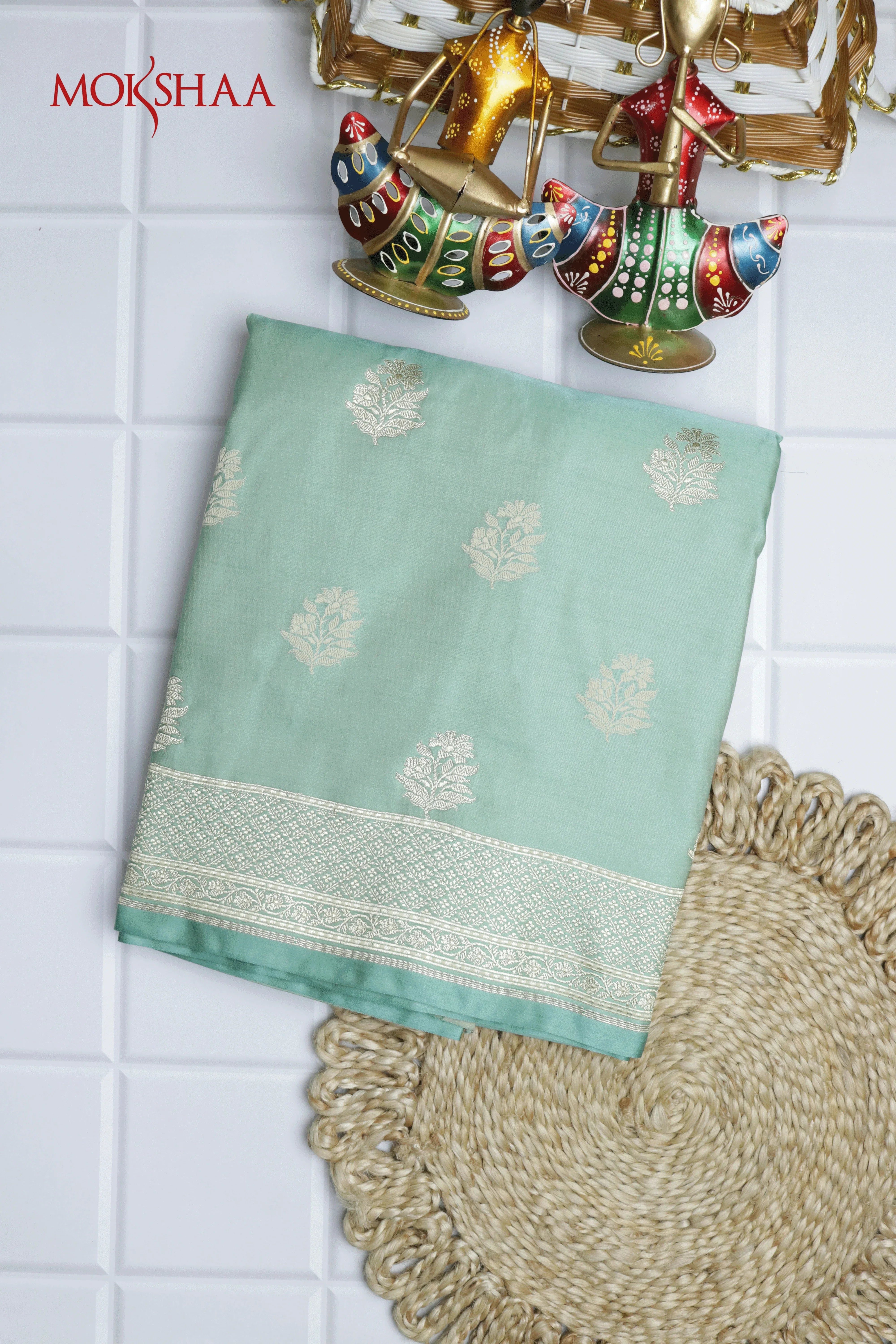 Sea Green Banarasi Semi Silk Saree with Zari Butti & Woven Border | Mokshaa