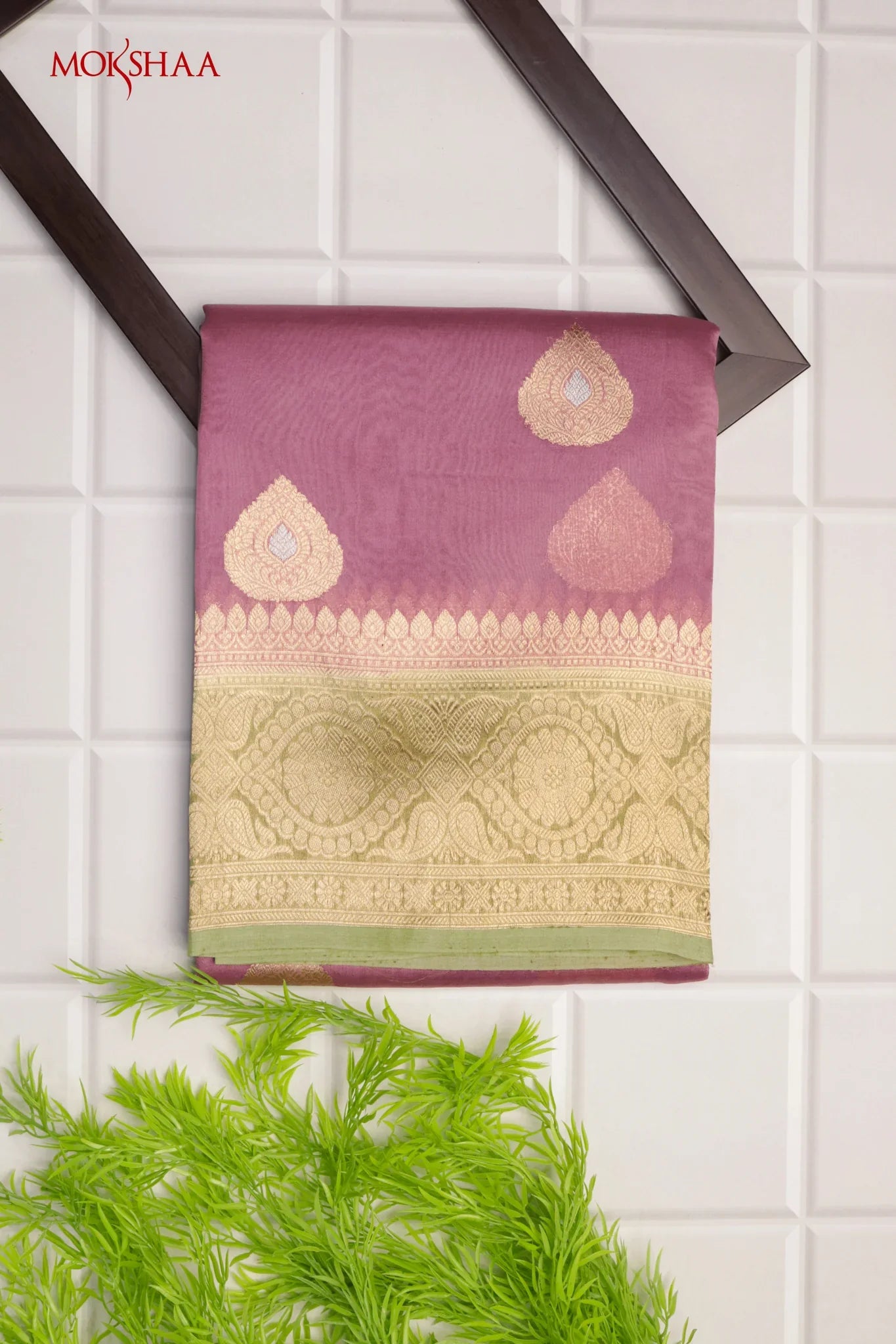 Onion Pink Banarasi Kora Saree with Pista Green Border & Gold-Silver Motifs | Mokshaa