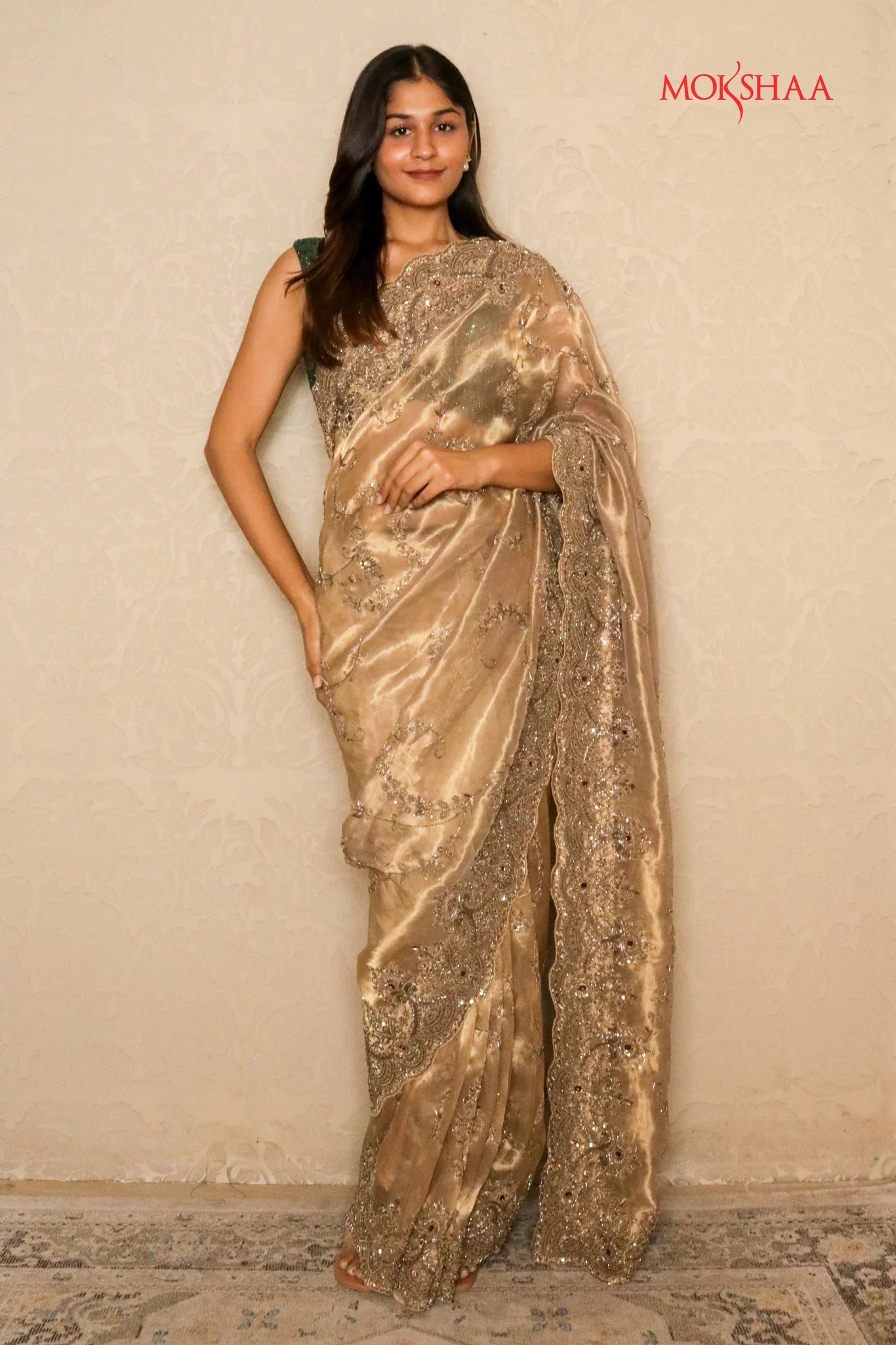 Dusty Gold Tissue Organza Saree with Jarthosi & Sequin Work and Green Velvet Blouse | Mokshaa