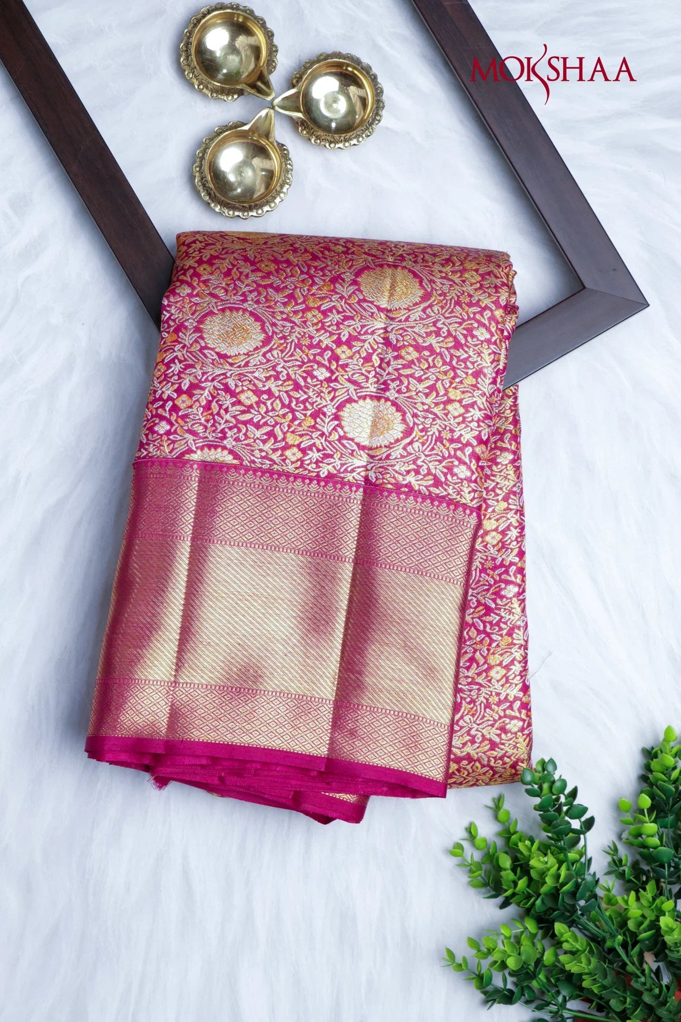 Pink Kanchivaram Silk Saree with Golden Zari & Meena Weaving | Mokshaa