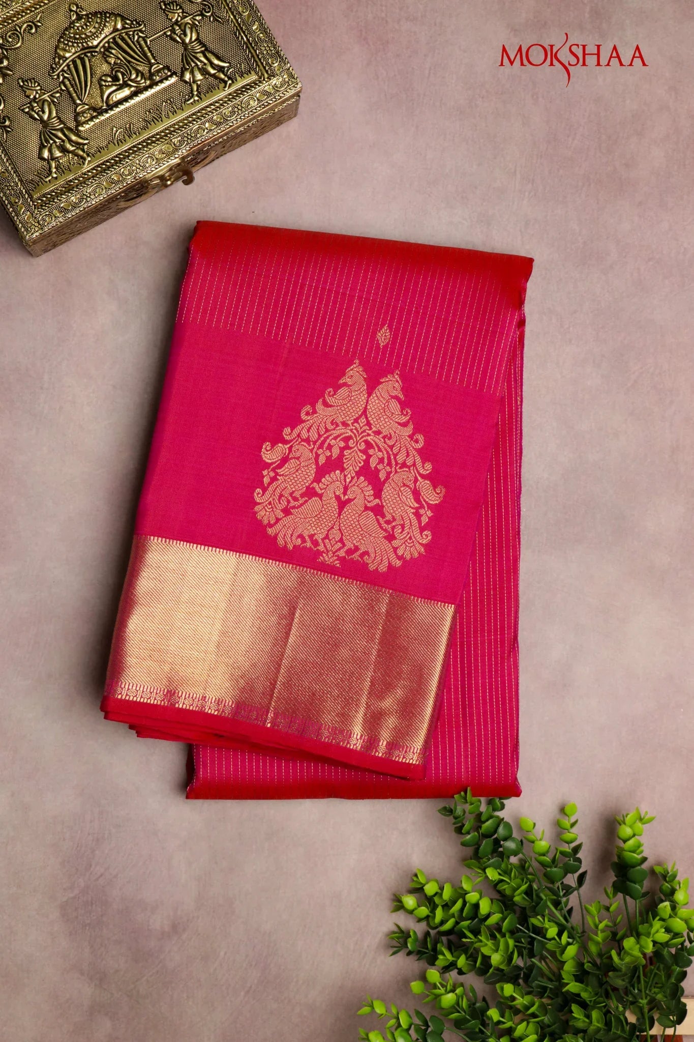 Tomato Pink Kanchivaram Silk Saree with Zari Stripes, Butti & Fancy Border | Mokshaa