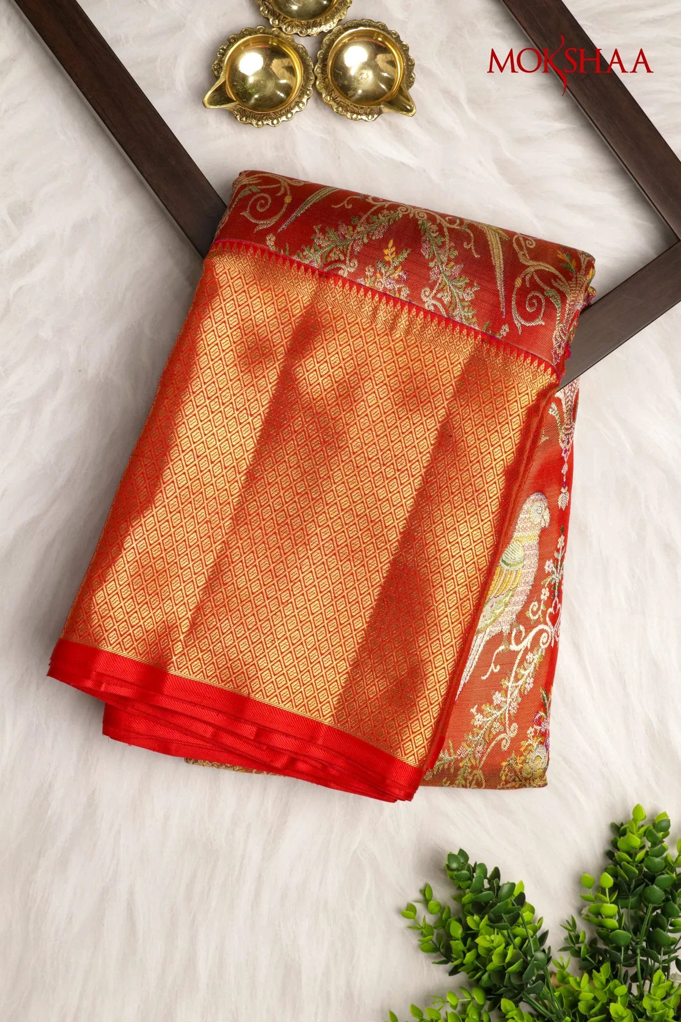 Rust Red Kanchivaram Tissue Silk Saree with Meena Weaving & Zari Border | Mokshaa
