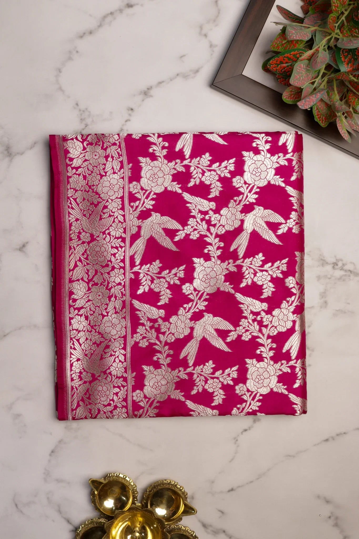 Magenta Banarasi Silver Zari Jaal Saree | Mokshaa