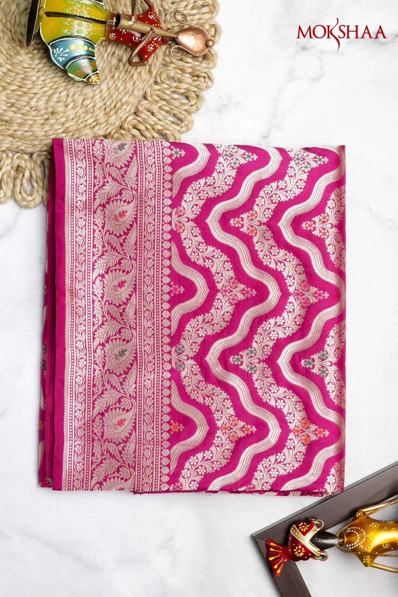 Rani Pink Banarasi Silk Saree with Wave Jaal and Zari Border | Mokshaa