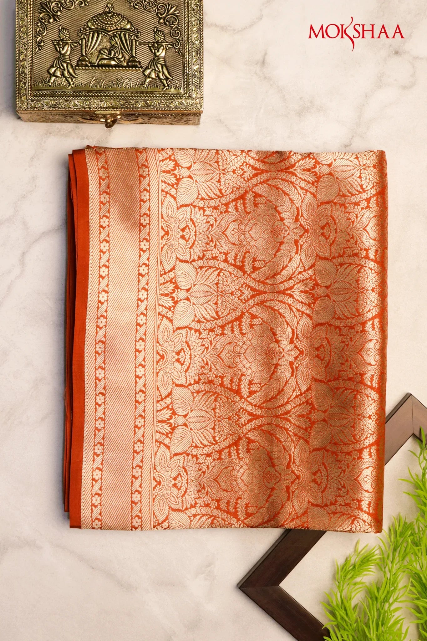 Orange Banarasi Silk Saree with Brocade Zari Jaal and Zari Border | Mokshaa