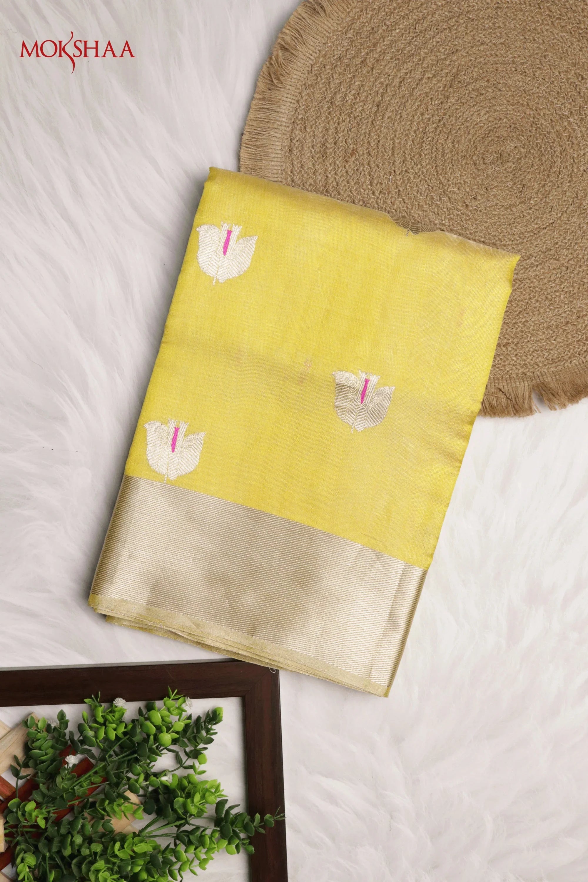 Yellow Banarasi Chanderi Tissue Silk Saree with Silver Zari Motifs | Mokshaa