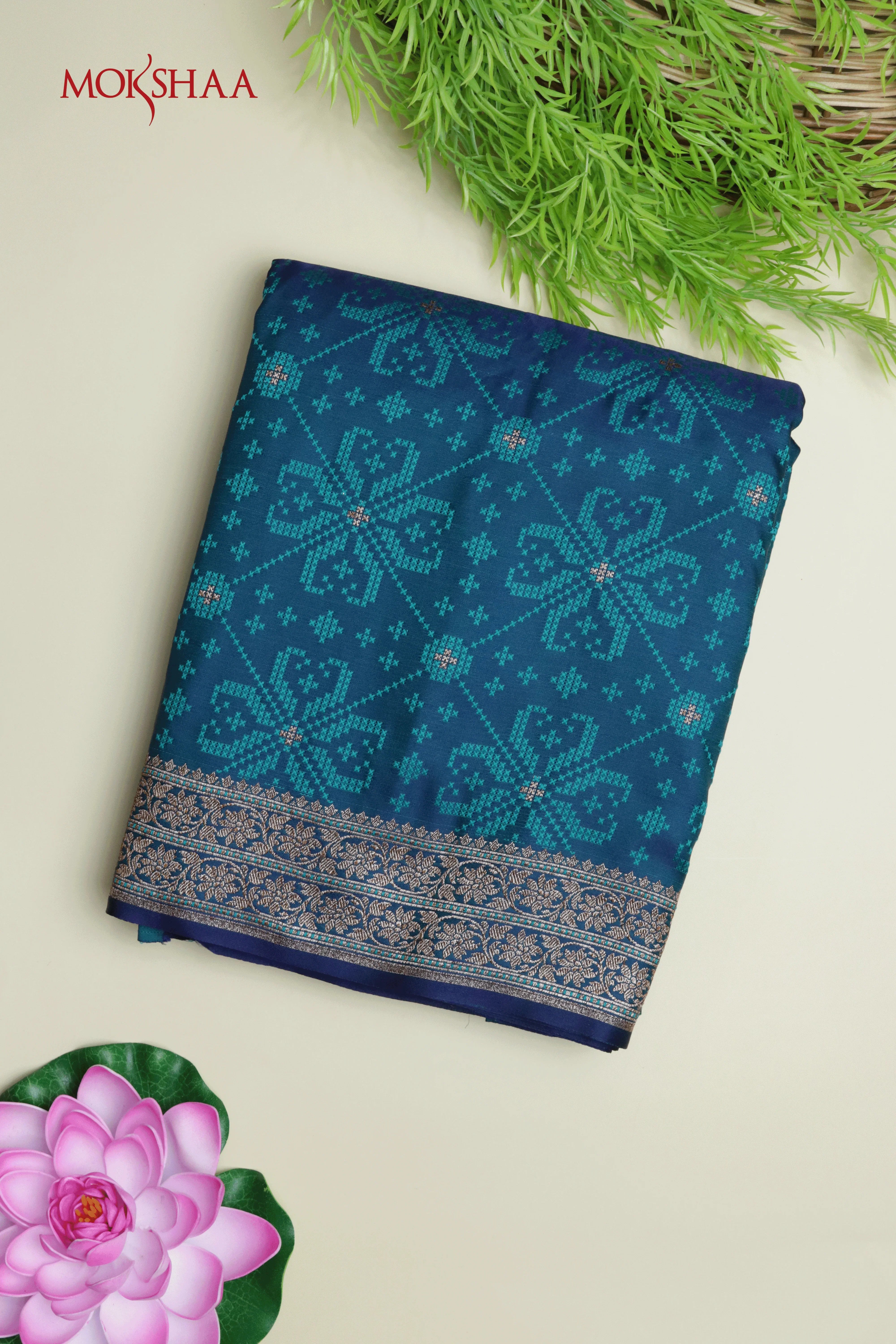 Peacock Blue Semi Silk Saree with Geometric Thread Weaving | Mokshaa
