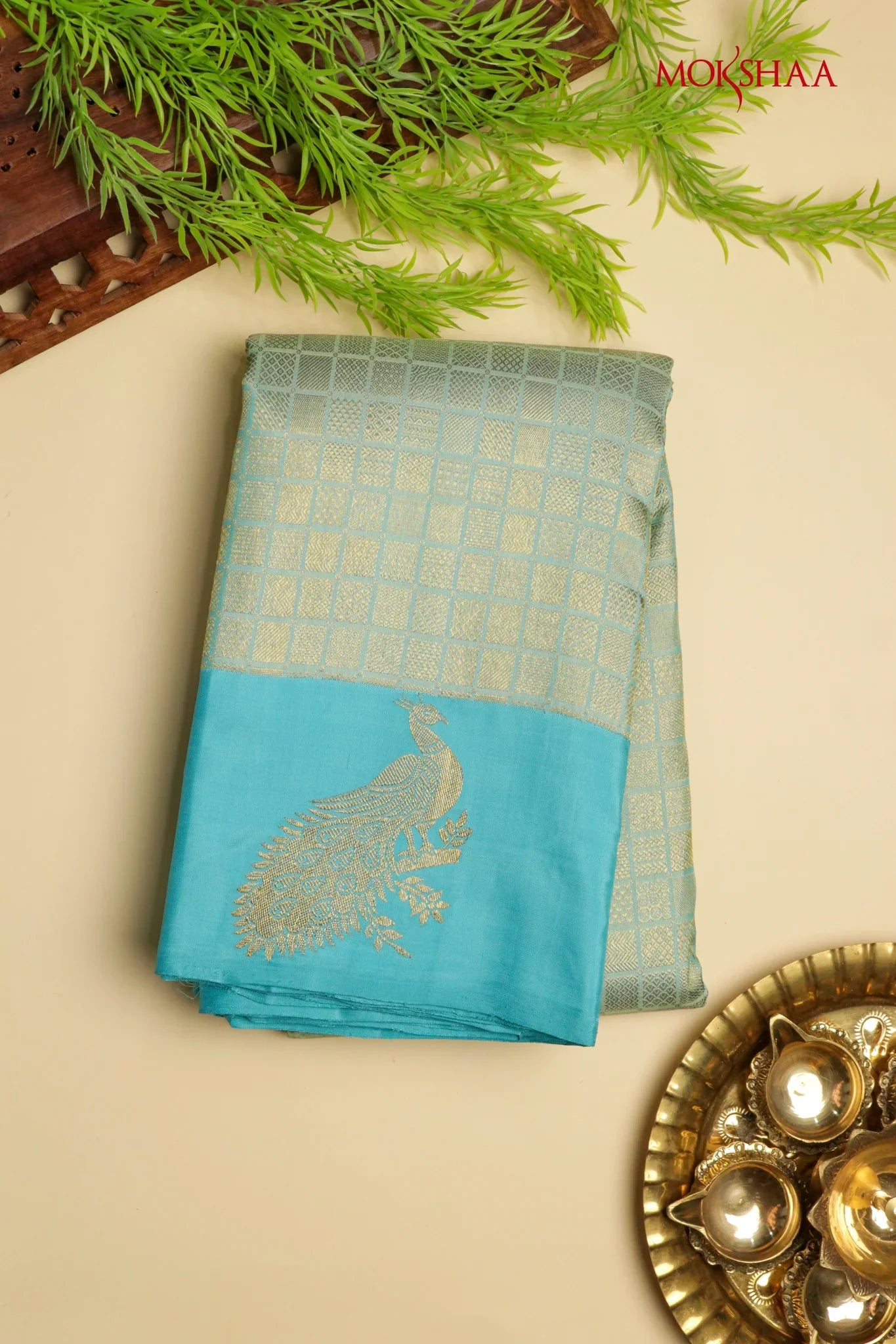 Sea Blue Kanchivaram Silk Saree with Peacock Border | Mokshaa
