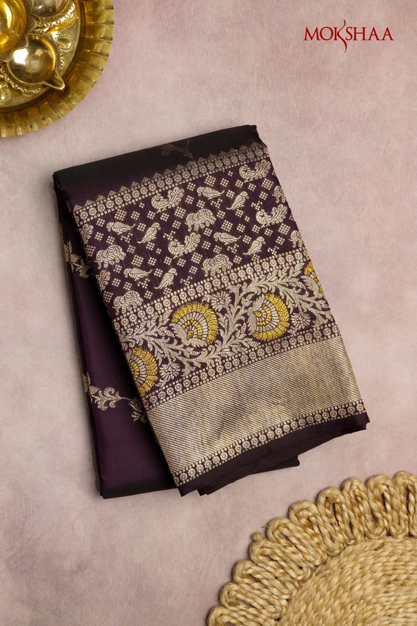 Wine Kanchivaram Silk Saree with Zari Stripes and Fancy Border | Mokshaa