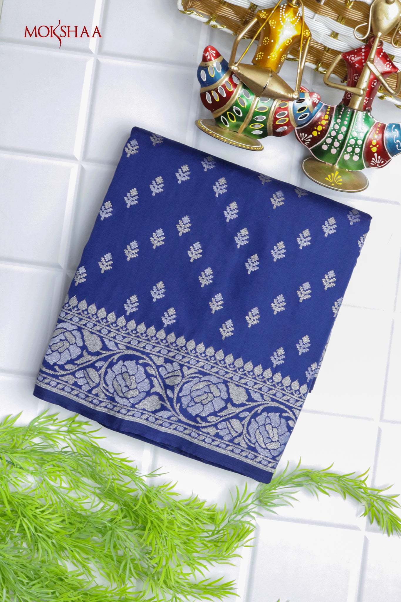 Royal Blue Banaras Semi Silk Saree with Silver & Gold Zari Work
