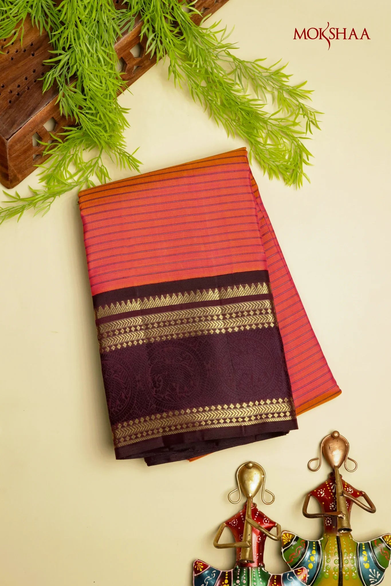Coral Orange Kanchivaram Silk Saree with Brown Border | Mokshaa