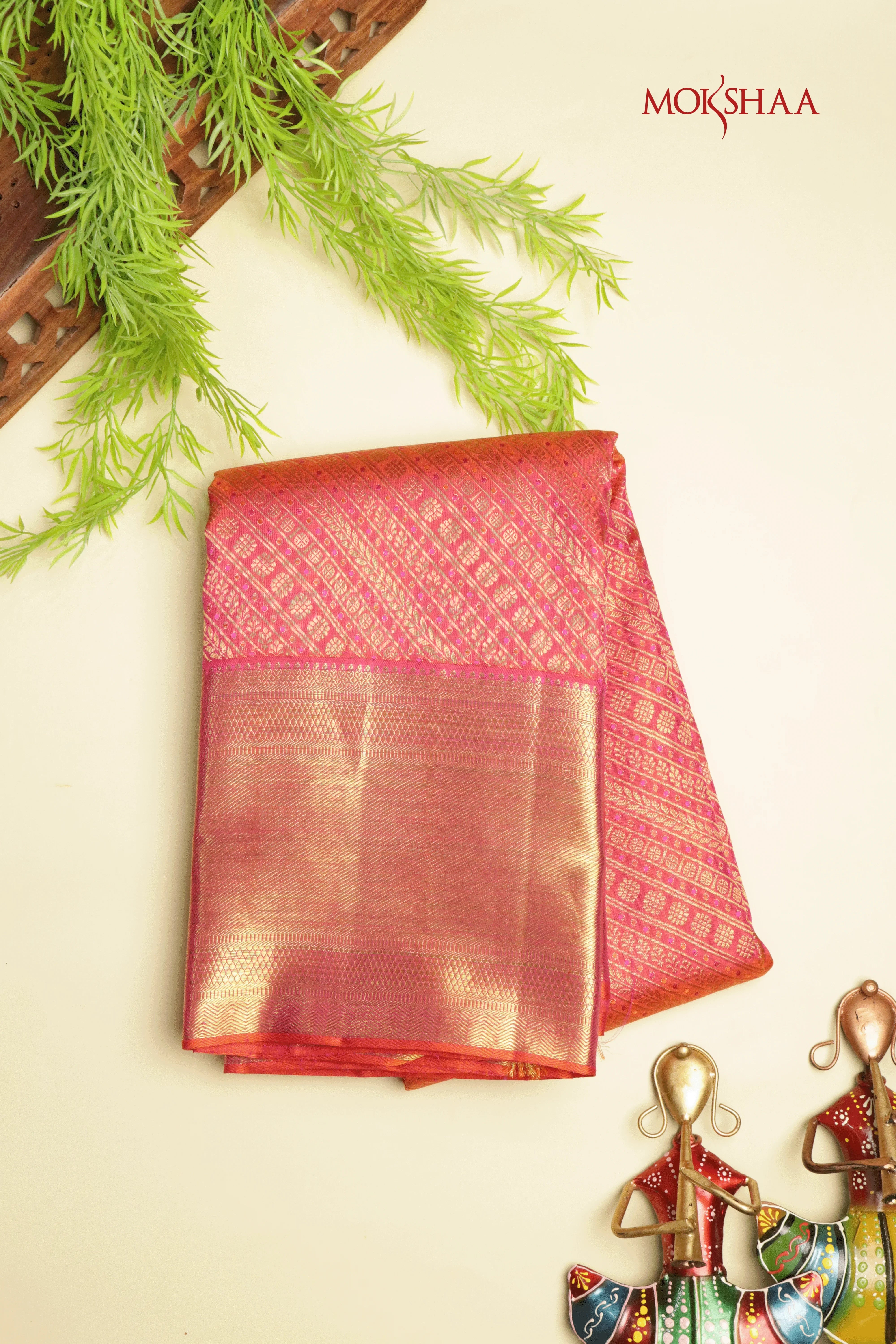 Coral Pink Kanchivaram Silk Saree with Meena Weaving | Mokshaa