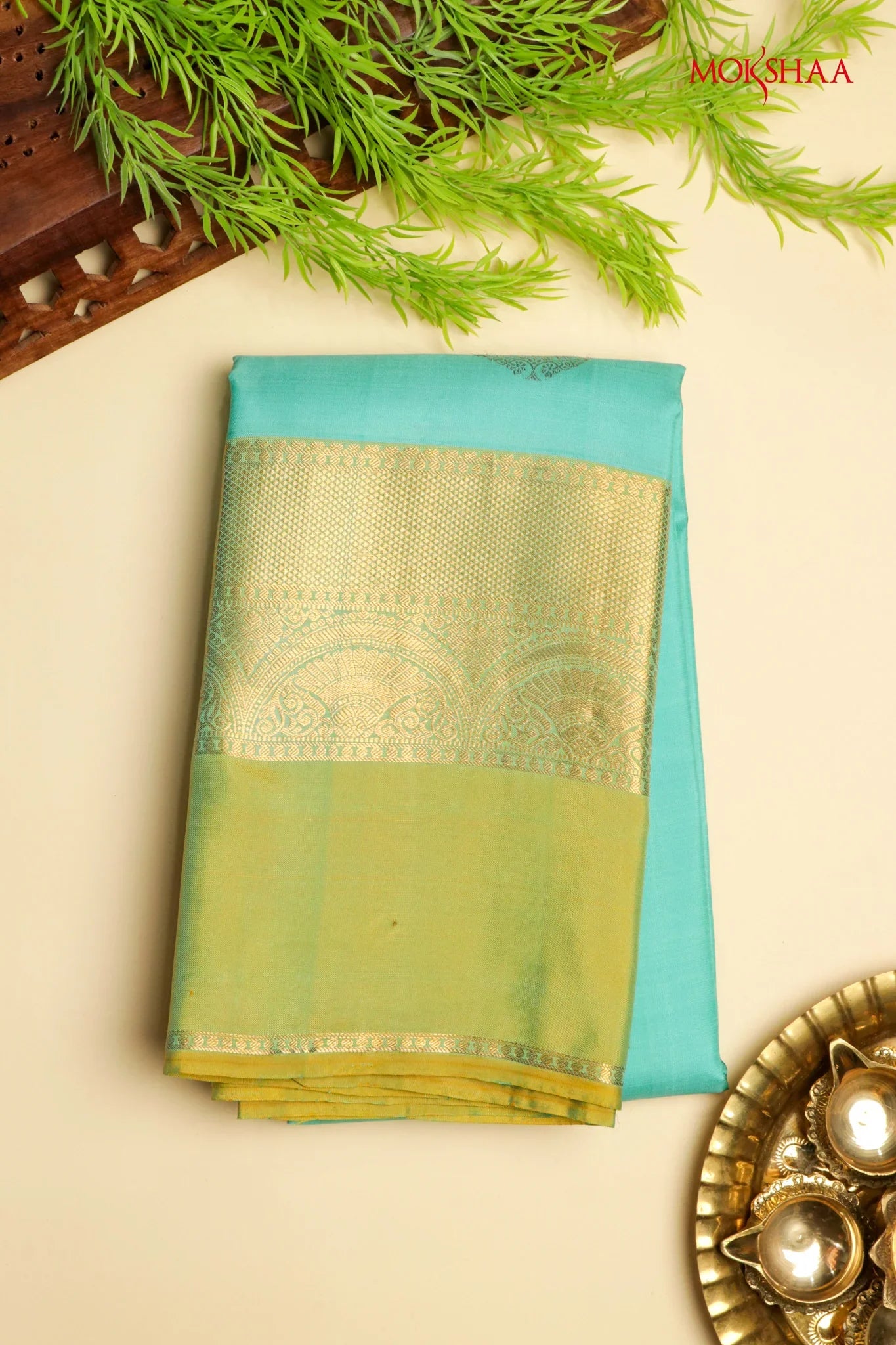 Firozi Blue Kanchivaram Silk Saree with Zari Butta | Mokshaa