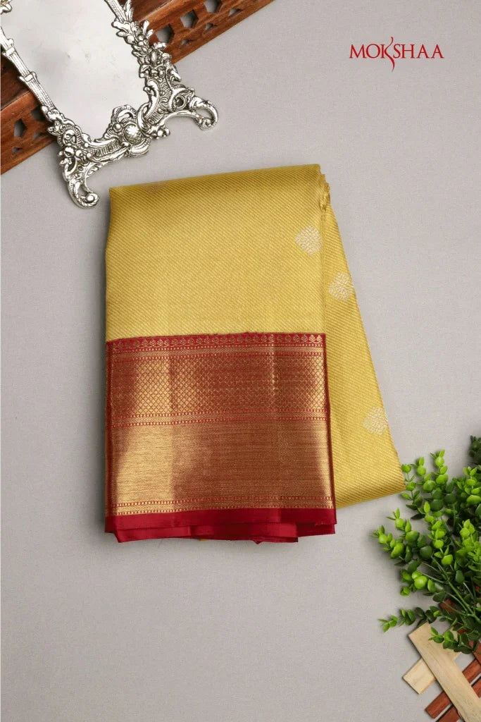 Golden Kanchivaram Silk Saree with Red Border | Mokshaa
