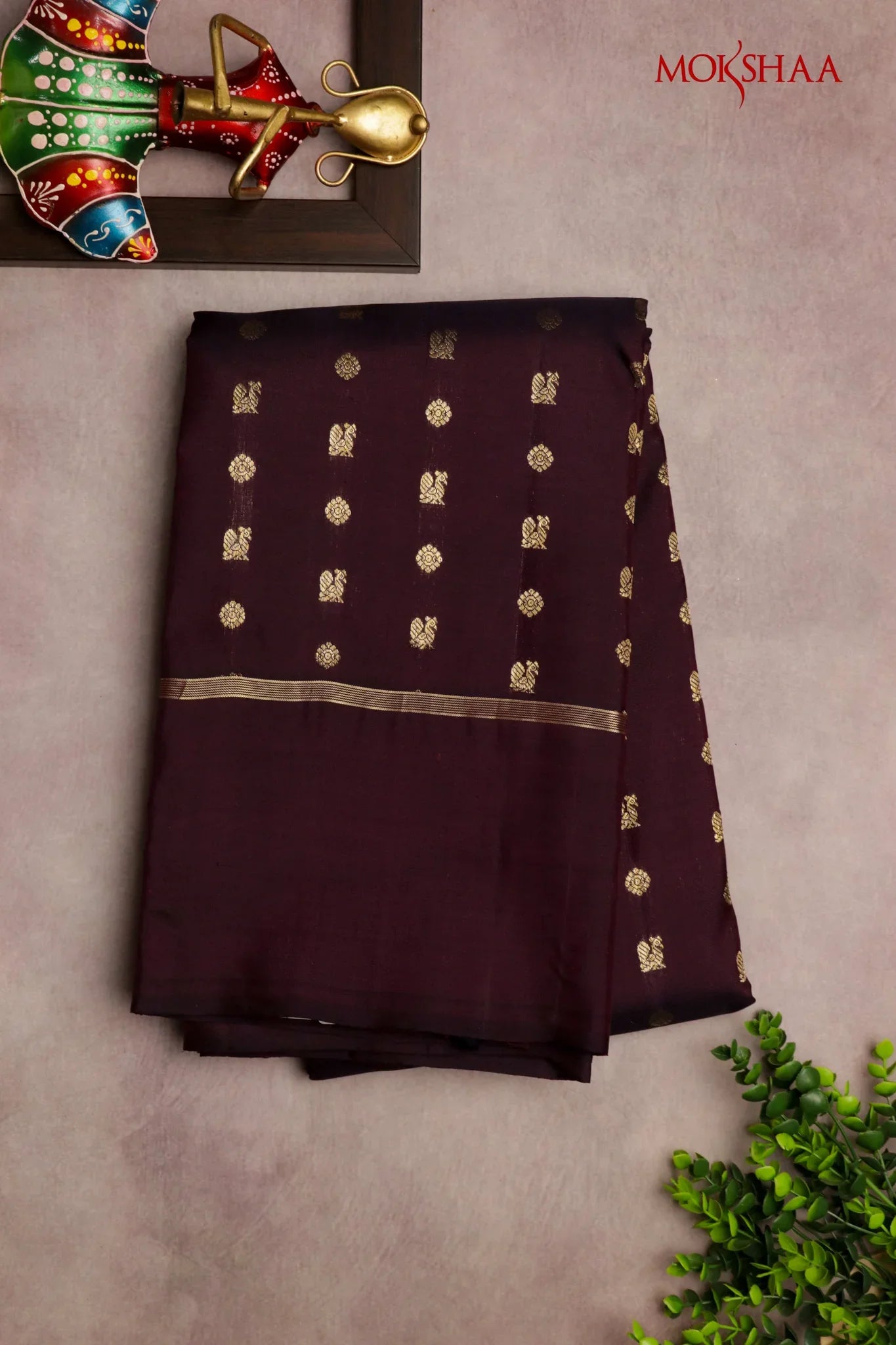 Dark Brown Kanchivaram Silk Saree with Small Zari Buttas & Plain Border | Mokshaa