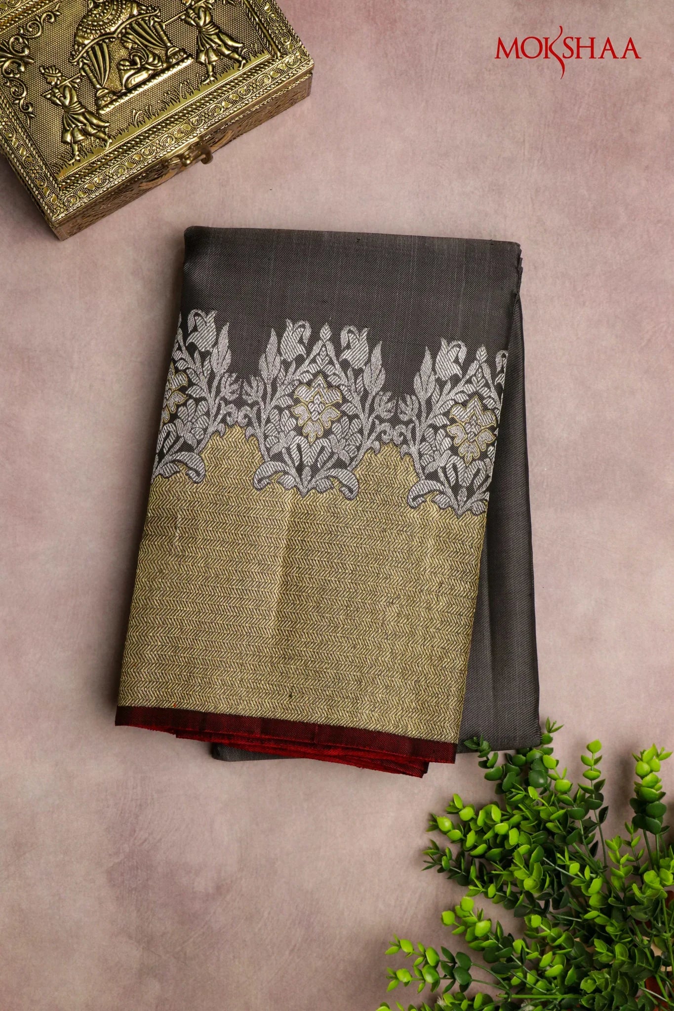 Elephant Grey Kanchivaram Silk Saree with Silver-Gold Border | Mokshaa