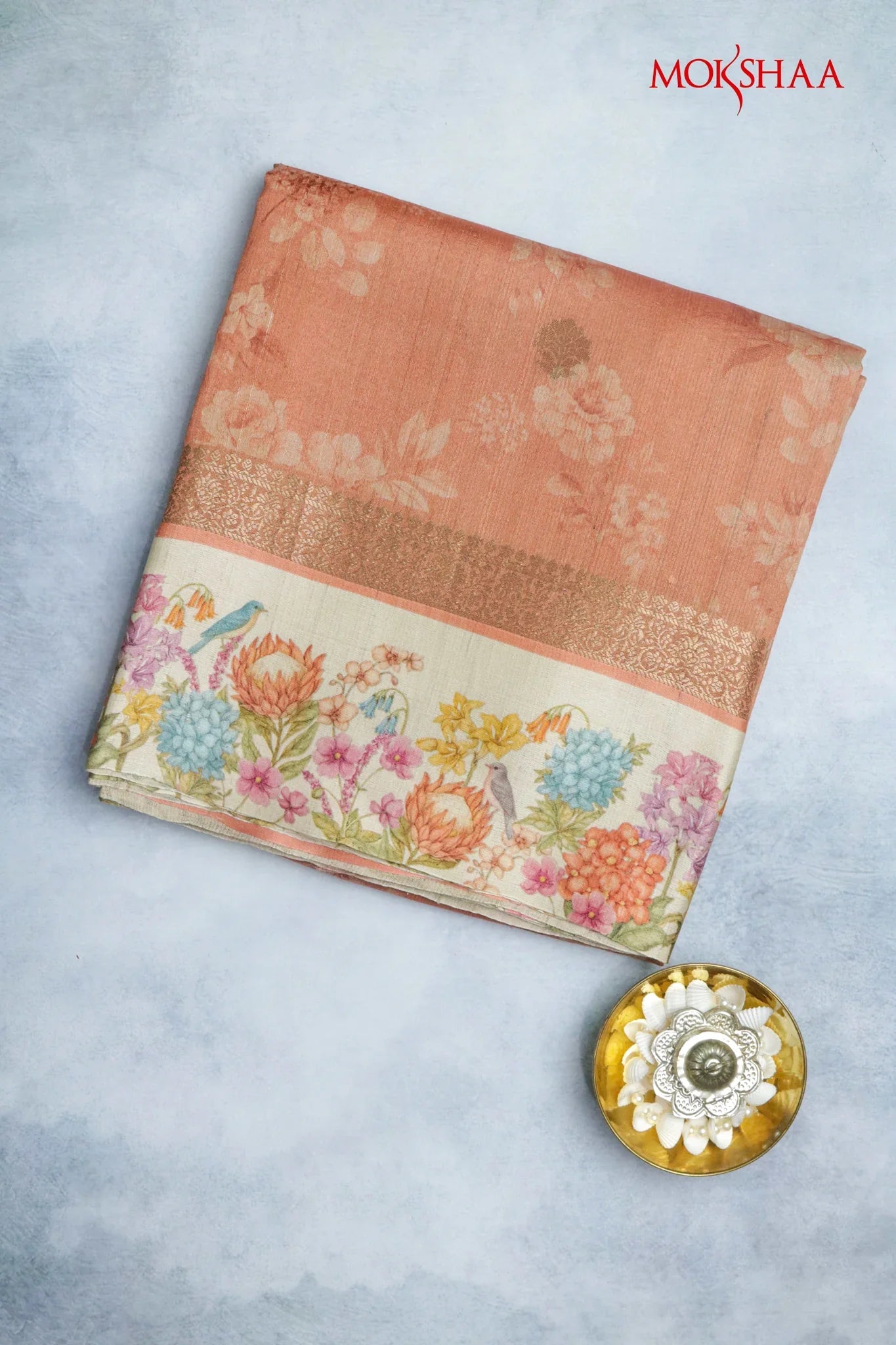 Peach Tussar Silk Saree with Golden Buttas & Floral Printed Border | Mokshaa
