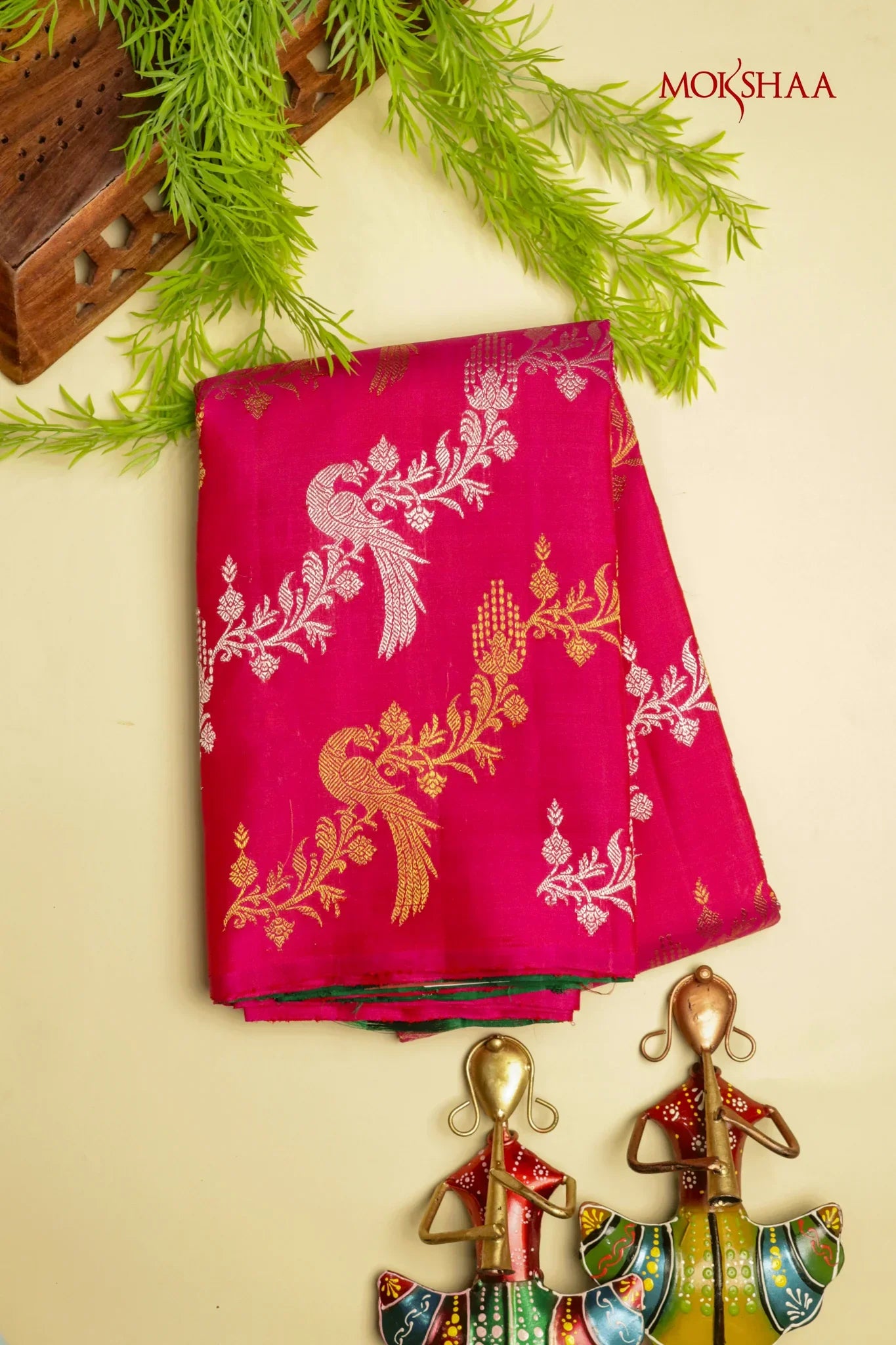 Rani Pink Kanchivaram Silk Saree with Silver & Gold Zari Weaving | Mokshaa