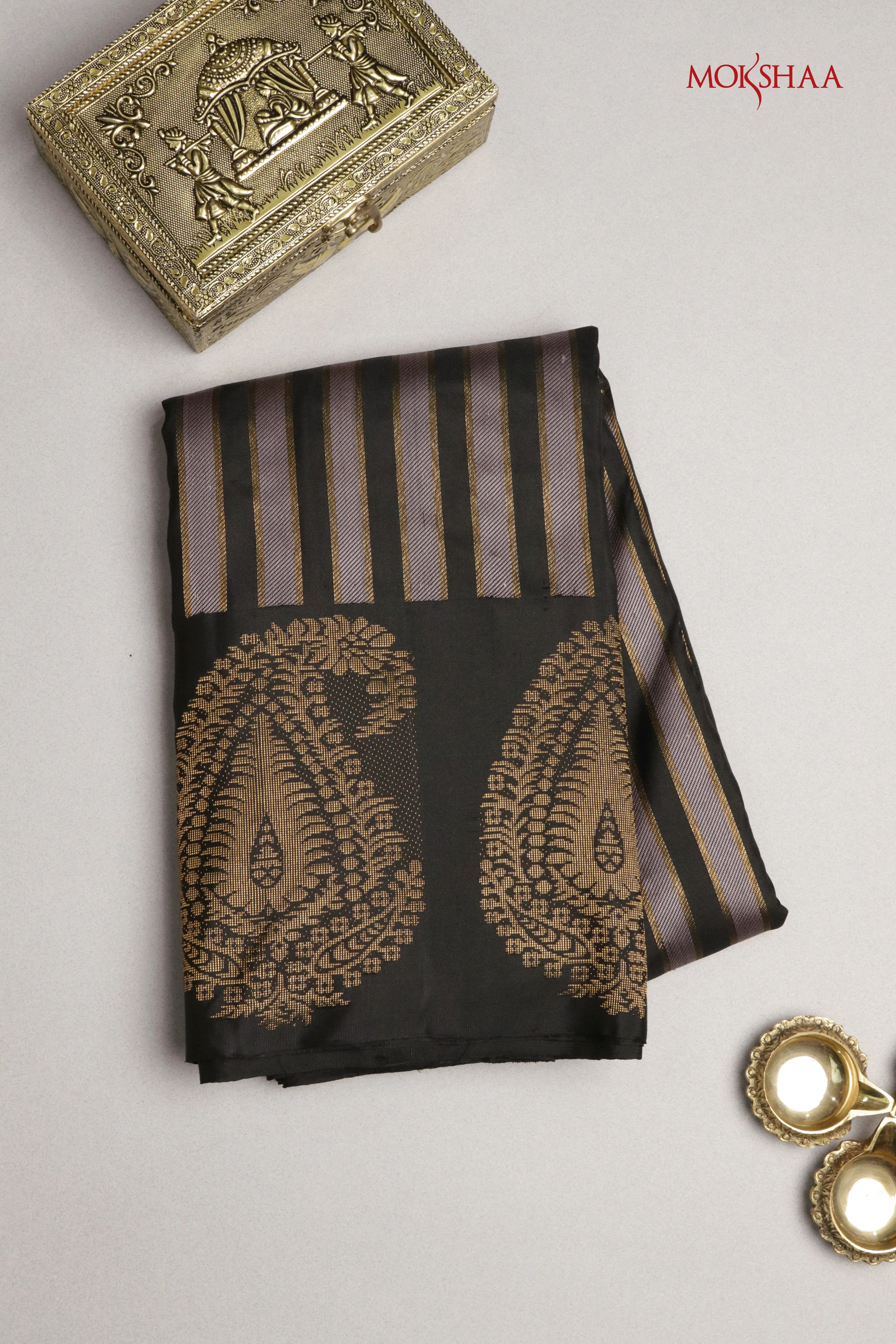 Black Kanchivaram Silk Saree with Golden Stripes & Buttas Border | Mokshaa