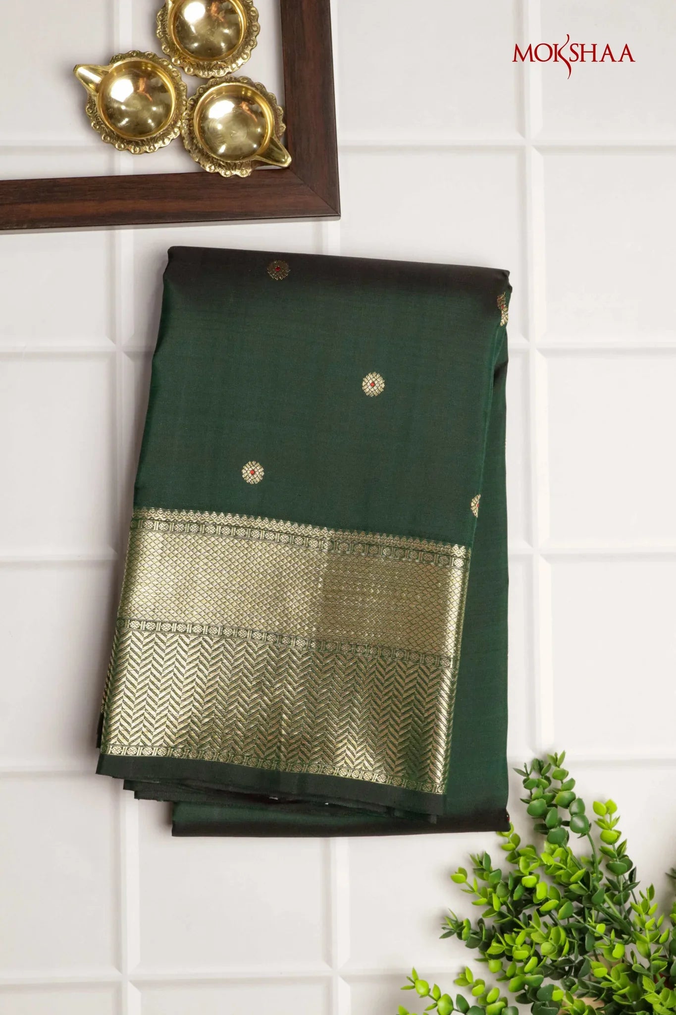 Bottle Green Kanchivaram Silk Saree with Zari Butti and Self Blouse | Mokshaa