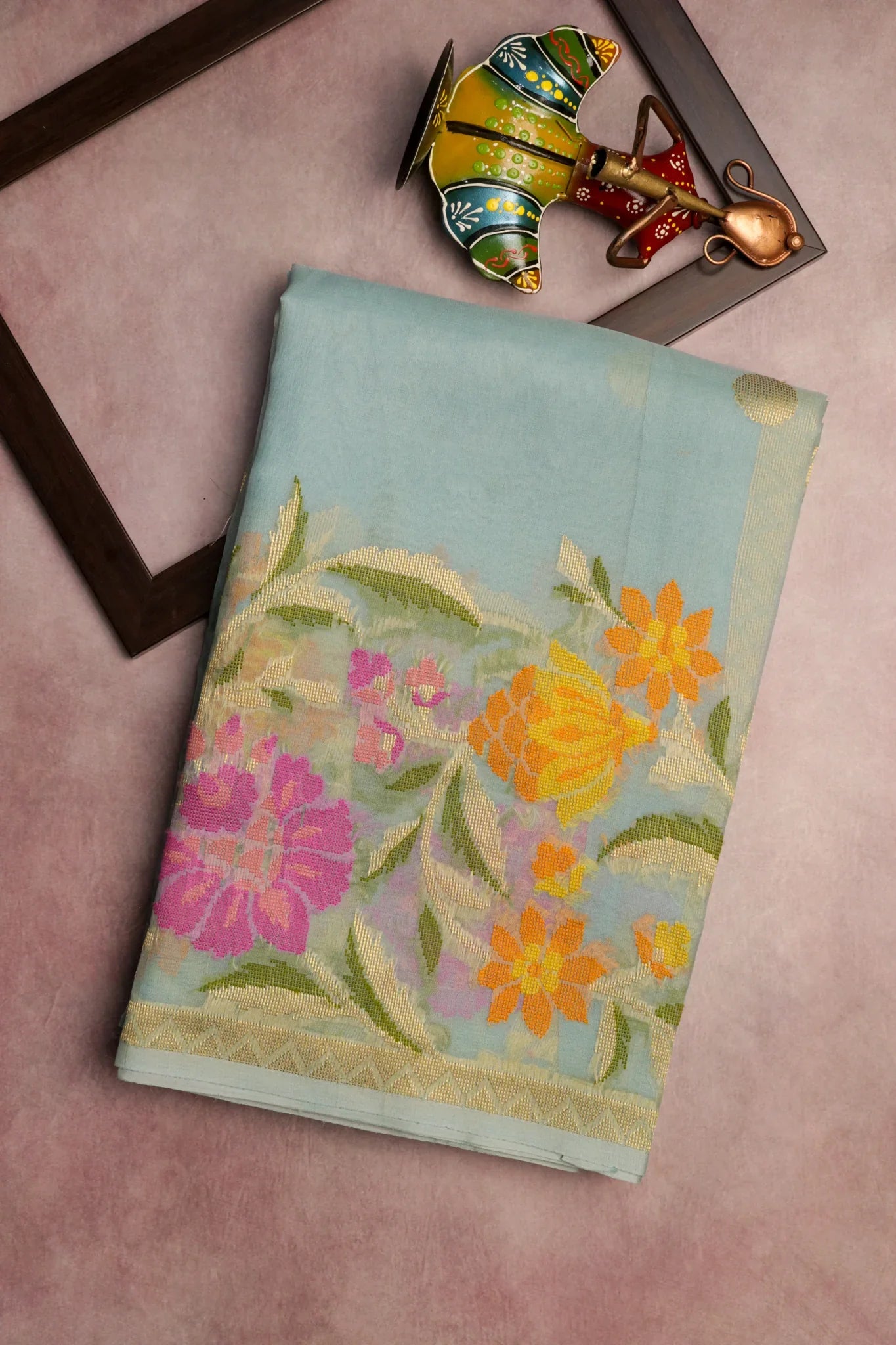 Ice Blue Banarasi Kora Silk Saree with Multi-Thread Zari Weaving | Mokshaa