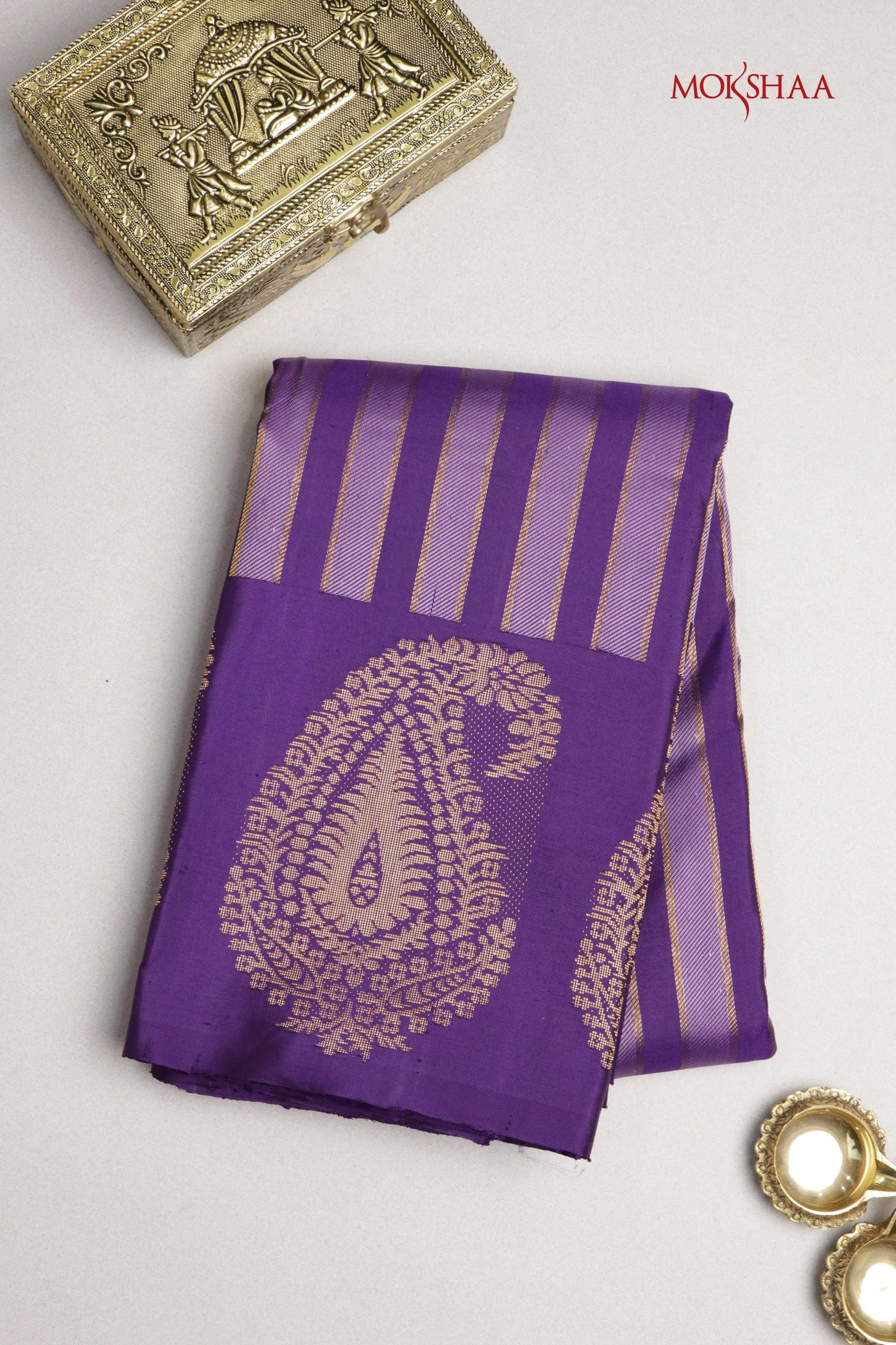Purple Kanchivaram Silk Saree with Golden Stripes | Mokshaa