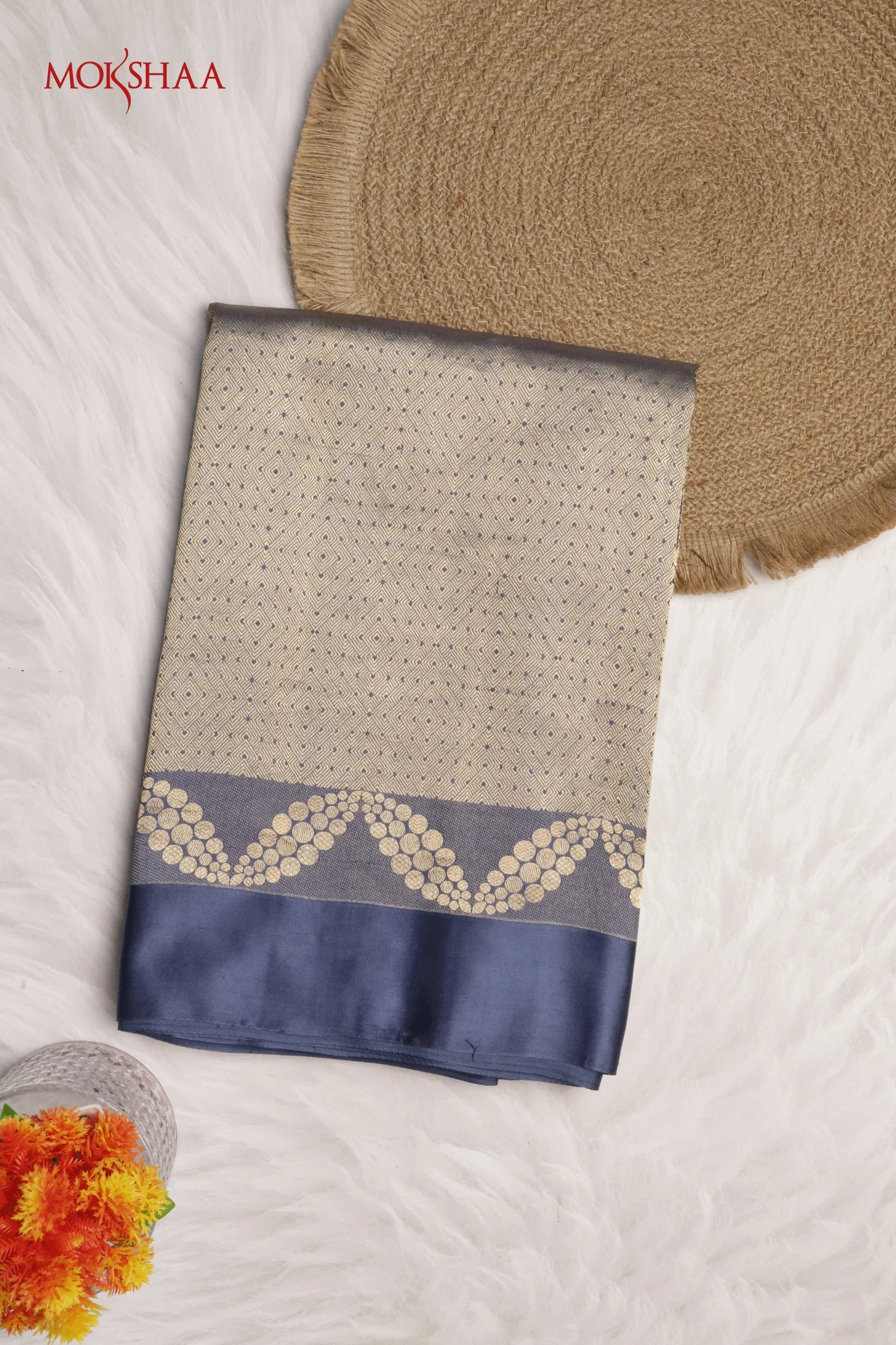 Violet Blue Banarasi Silk Saree with Geometric Zari Weaving | Mokshaa