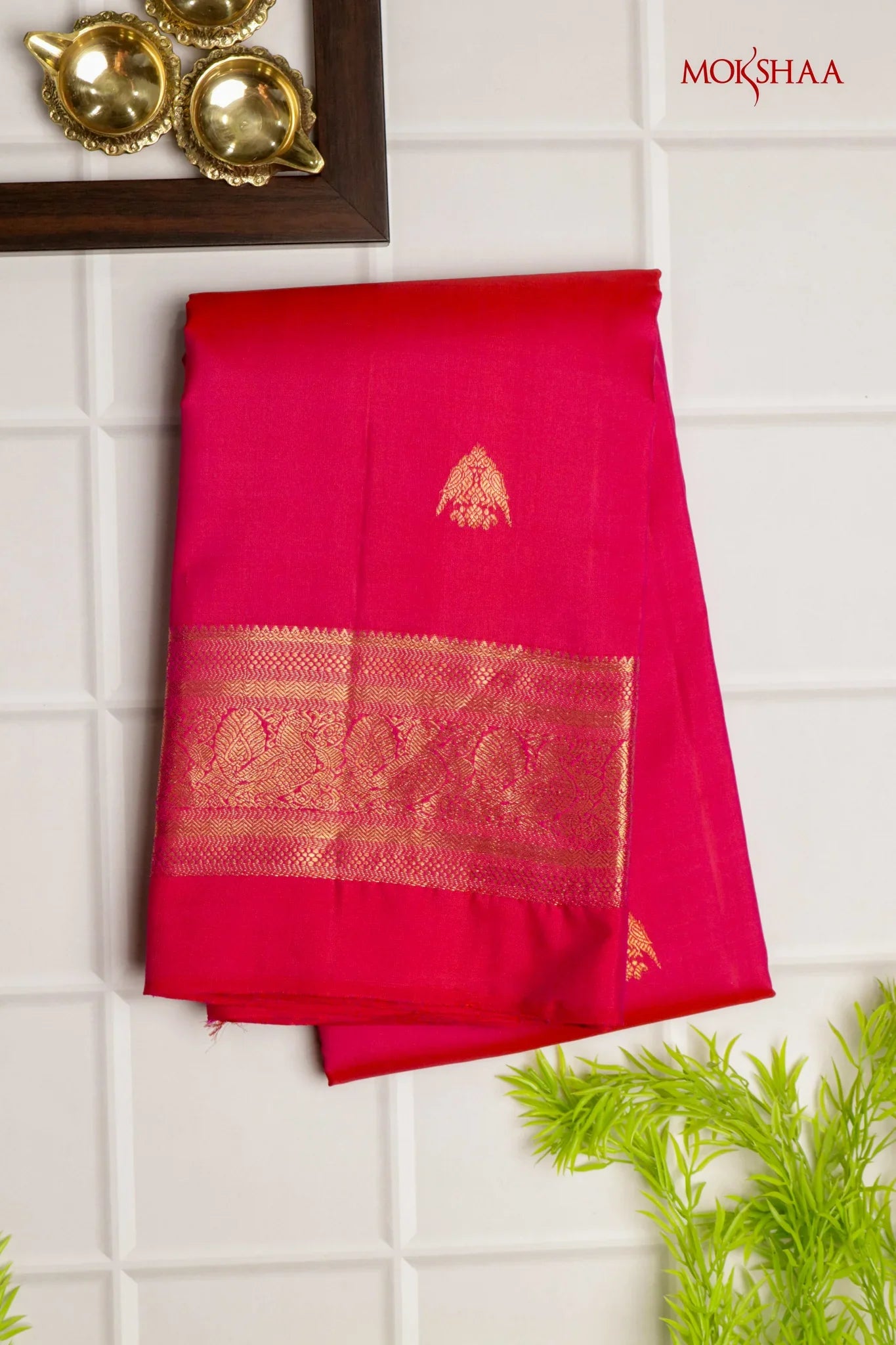 Tomato Pink Kanchivaram Silk Saree with Zari Border | Mokshaa