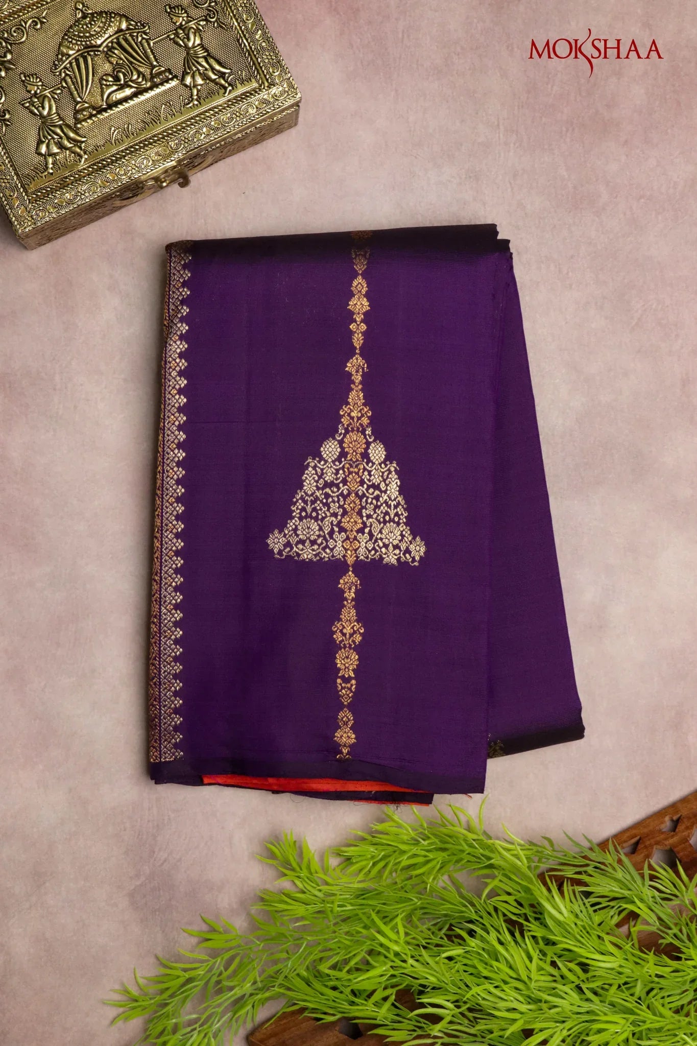 Purple Kanchivaram Silk Saree with Striped Weave | Mokshaa