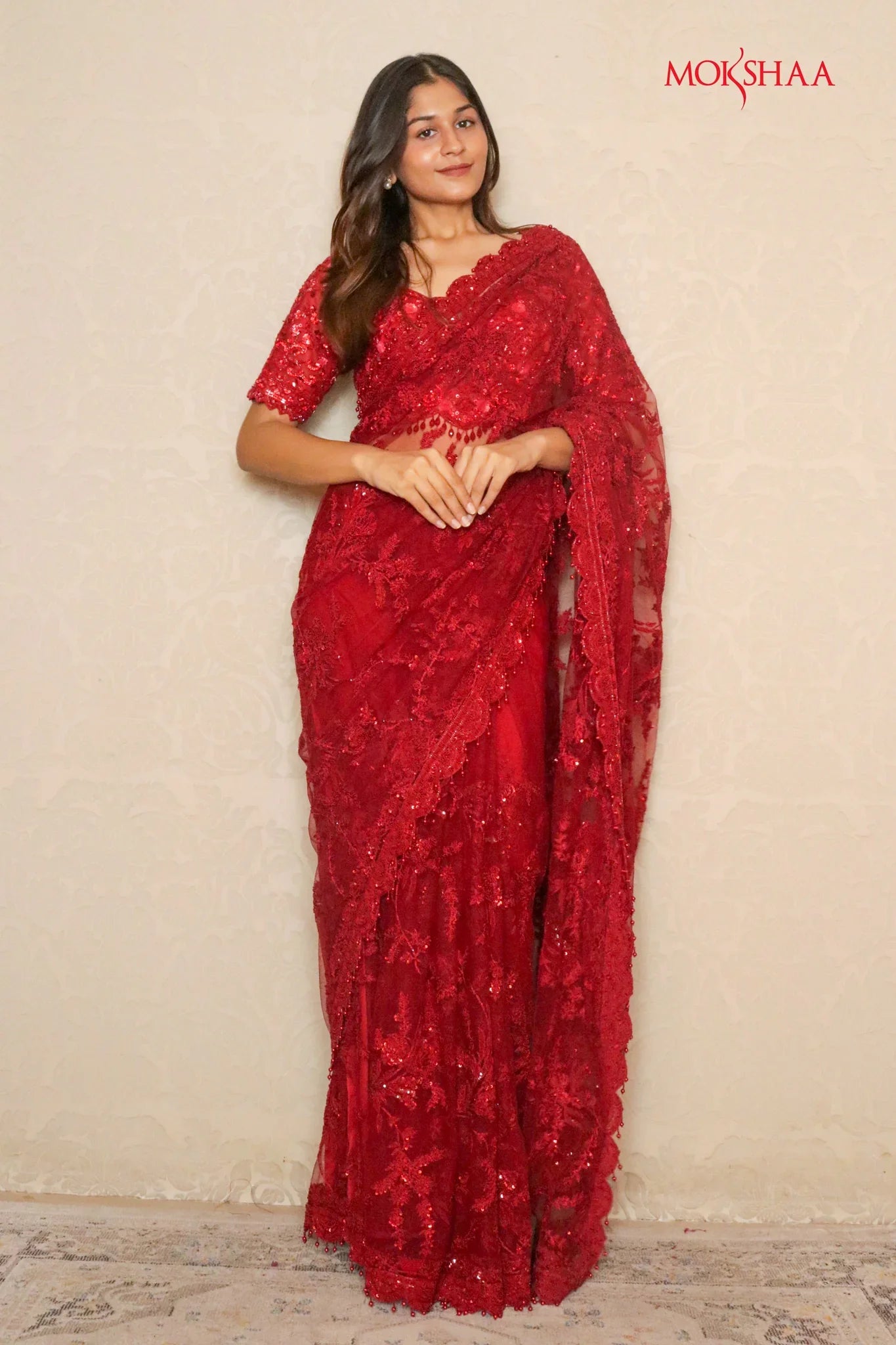 Red Net Saree with Thread & Sequin Embroidery | Mokshaa