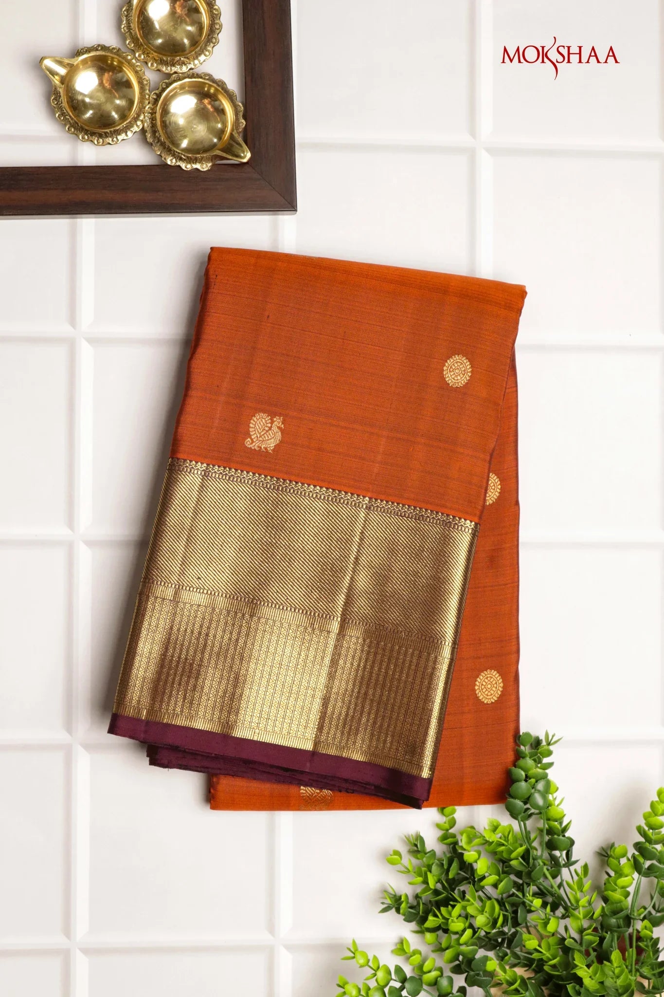 Rust Orange Kanchivaram Silk Saree with Zari Butti and Contrast Pallu | Mokshaa