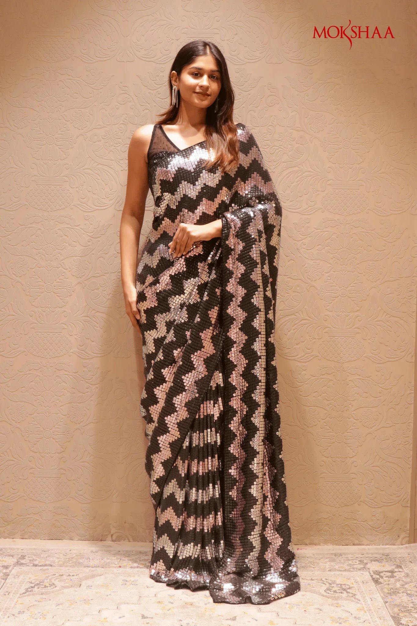 Black Georgette Saree with Silver & Black Sequin Zigzag Pattern | Mokshaa