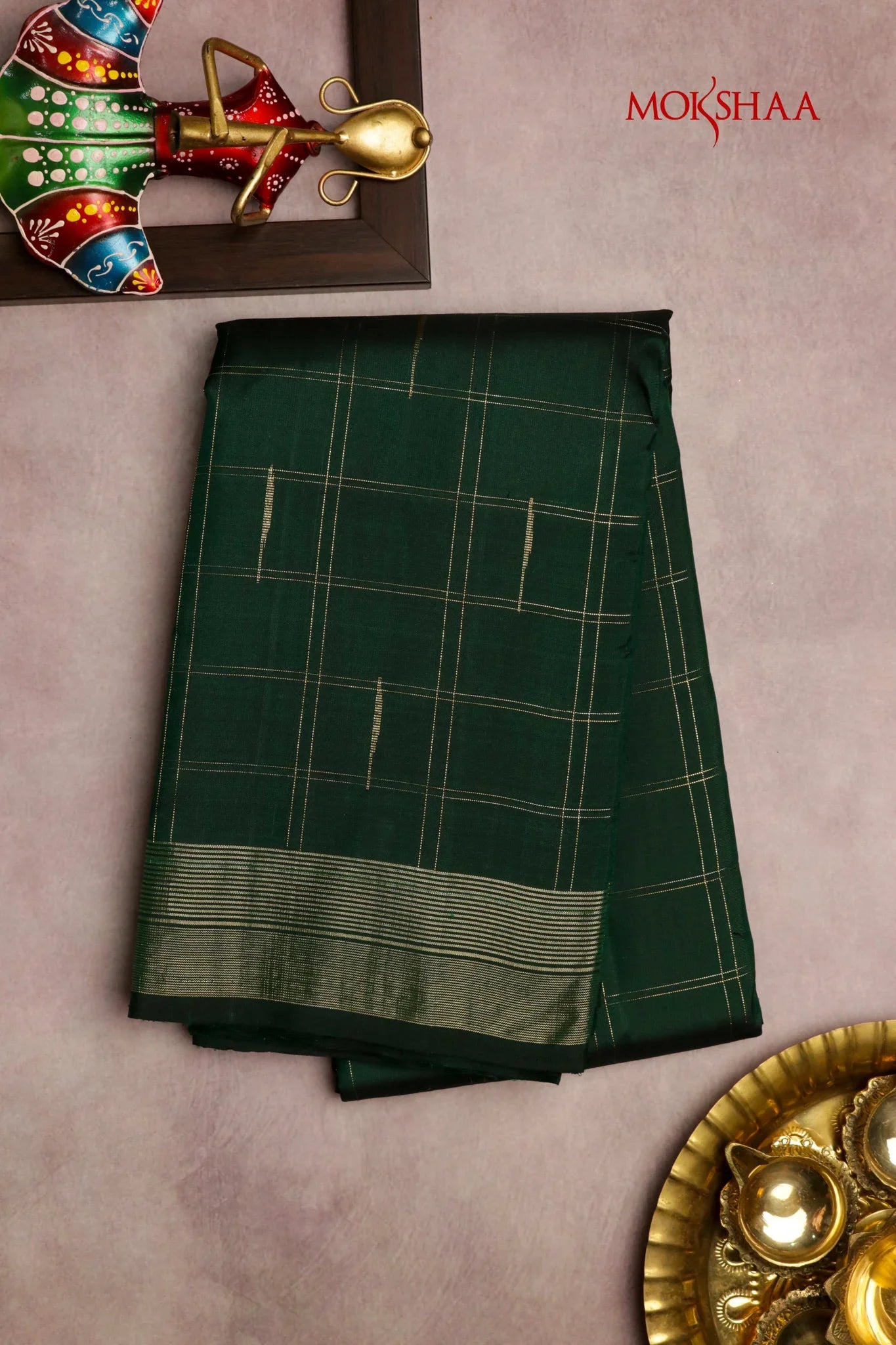 Bottle Green Kanchivaram Silk Saree with Zari Checks | Mokshaa