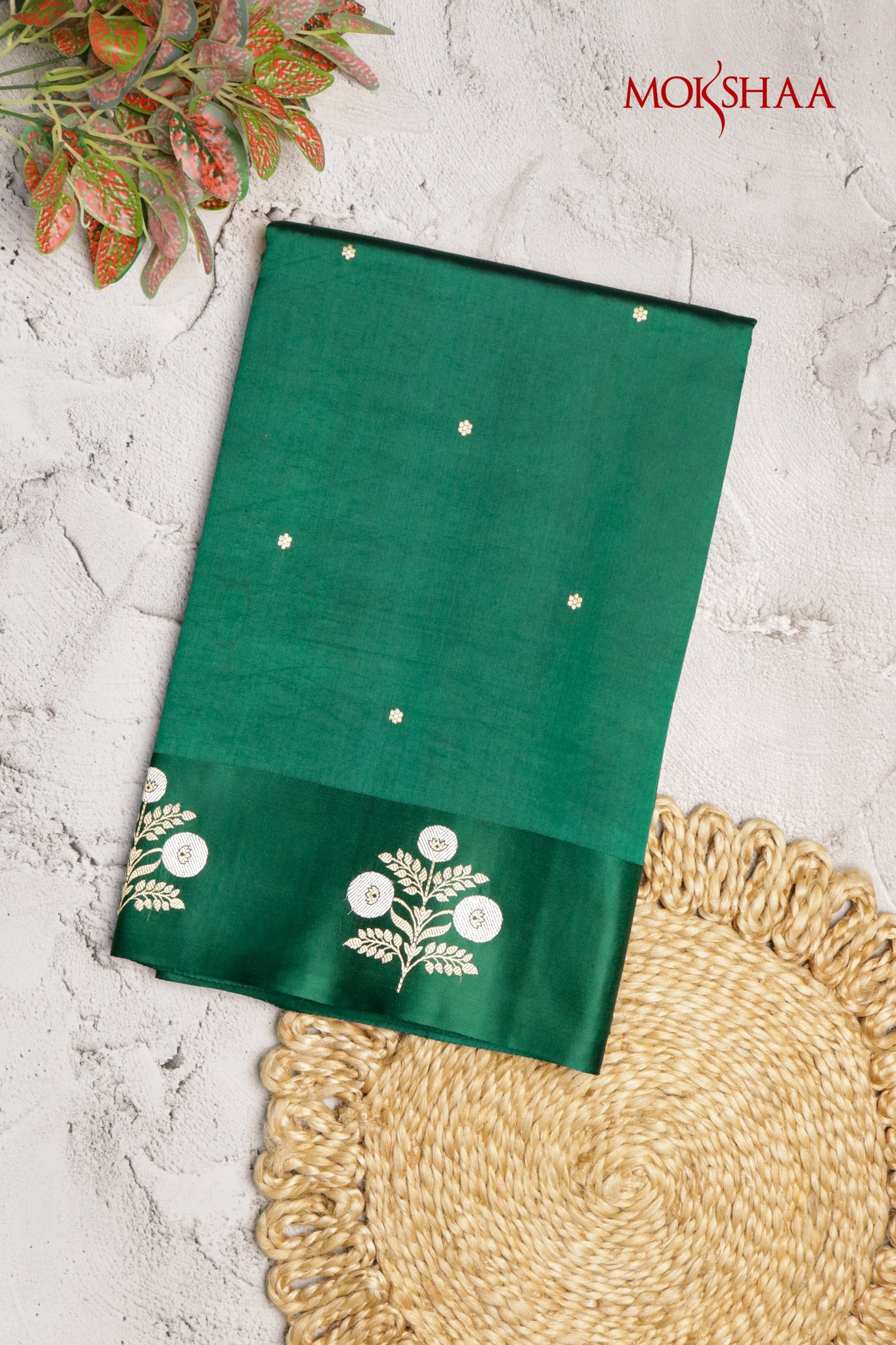 Bottle Green Banarasi Silk Saree with Butta Border & Mustard Blouse