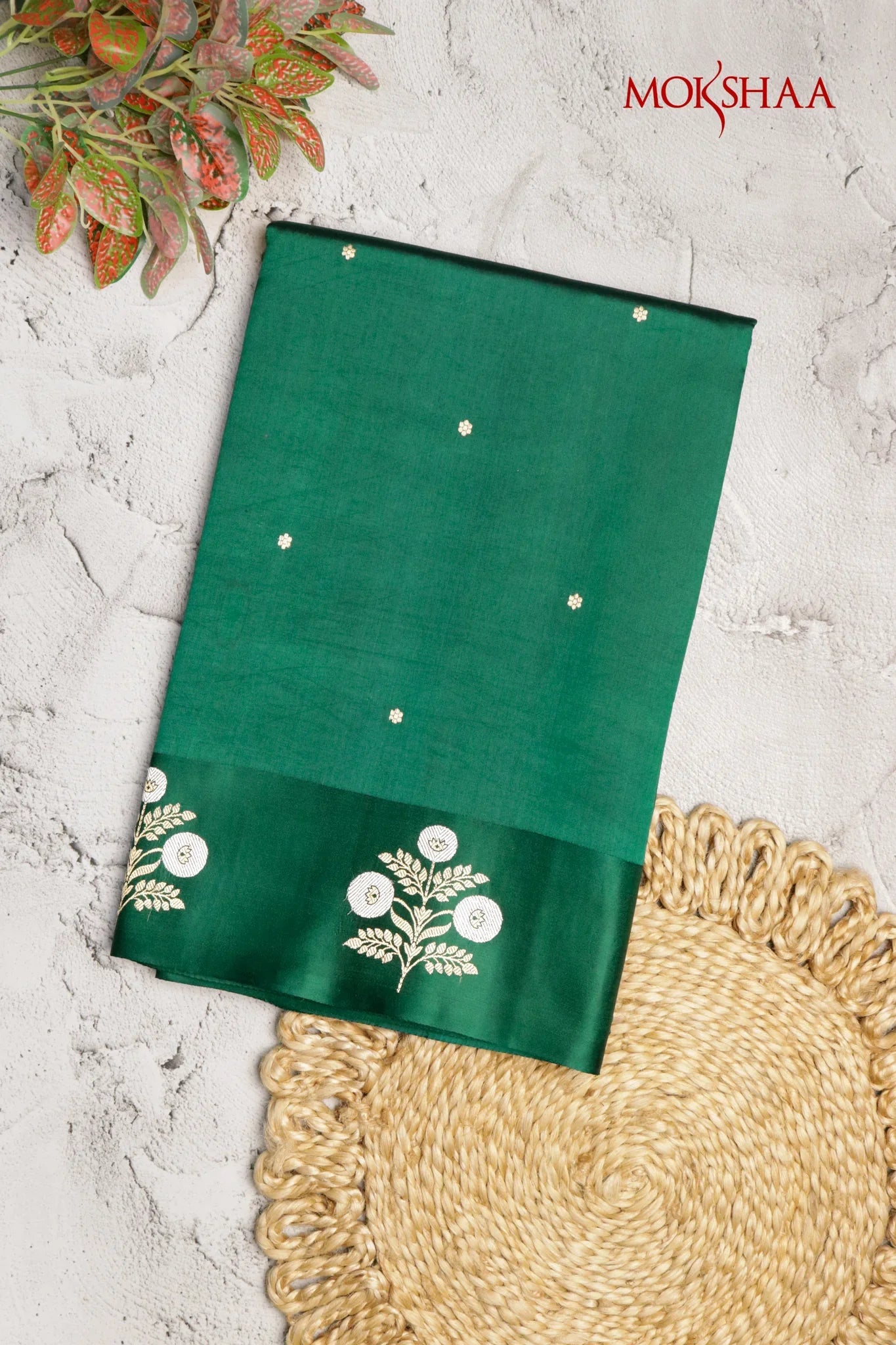 Bottle Green Banarasi Silk Saree with Butta Border & Mustard Blouse | Mokshaa