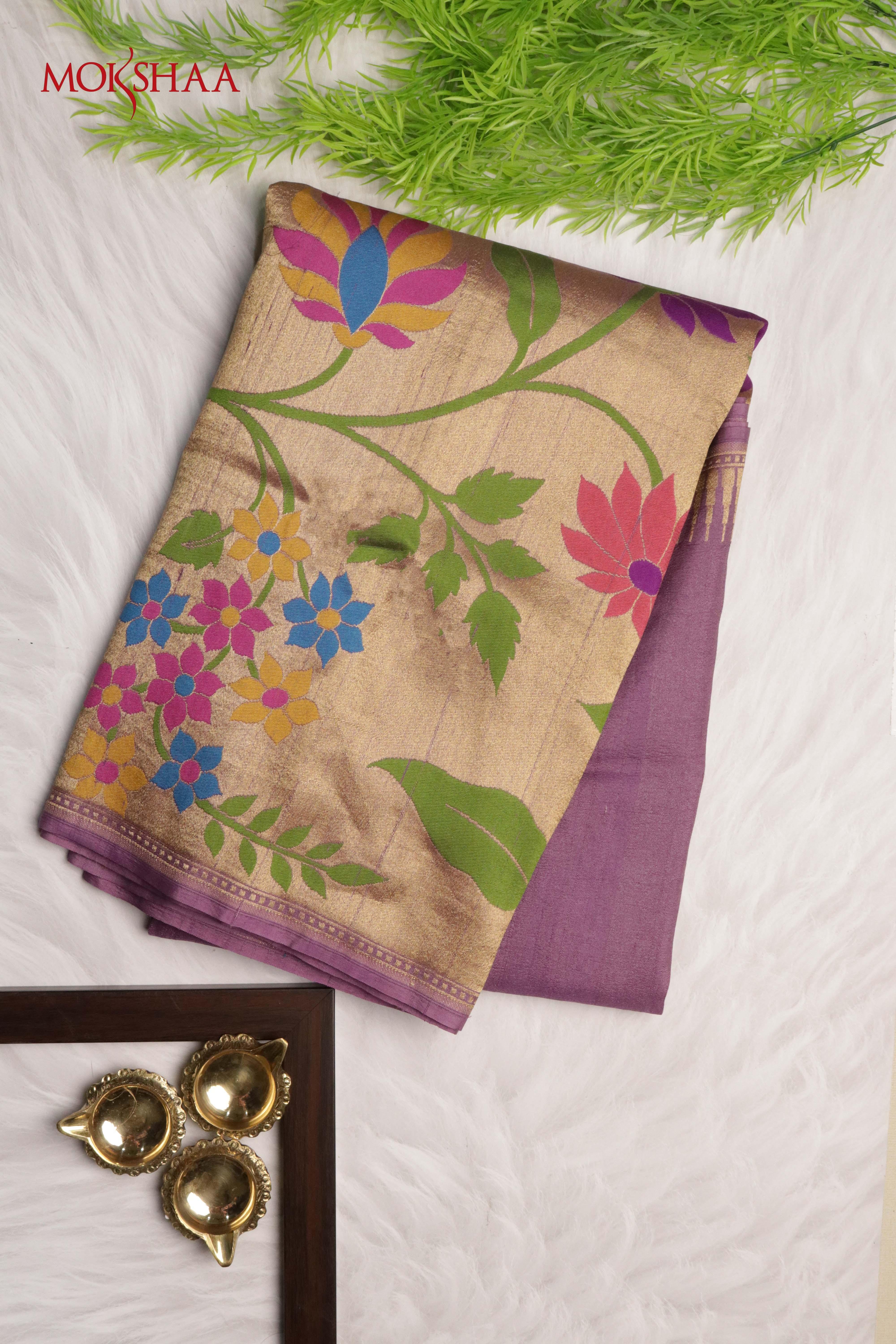 Light Purple Banarasi Tussar Georgette Saree with Multicolor Floral Meenakari | Mokshaa